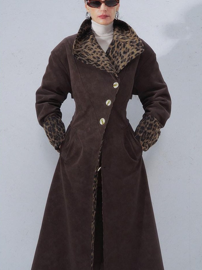 OfAkiva Faux Leather Windproof Vintage Straight Stand Collar Leopard Women Long Coats