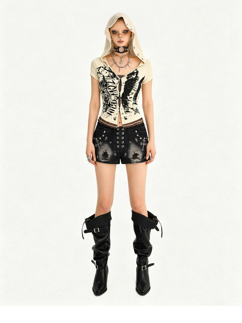 Nico Molly Cinched Waist Lace Skull Punk Faux Two Piece Cropped Women Off White Hoodie