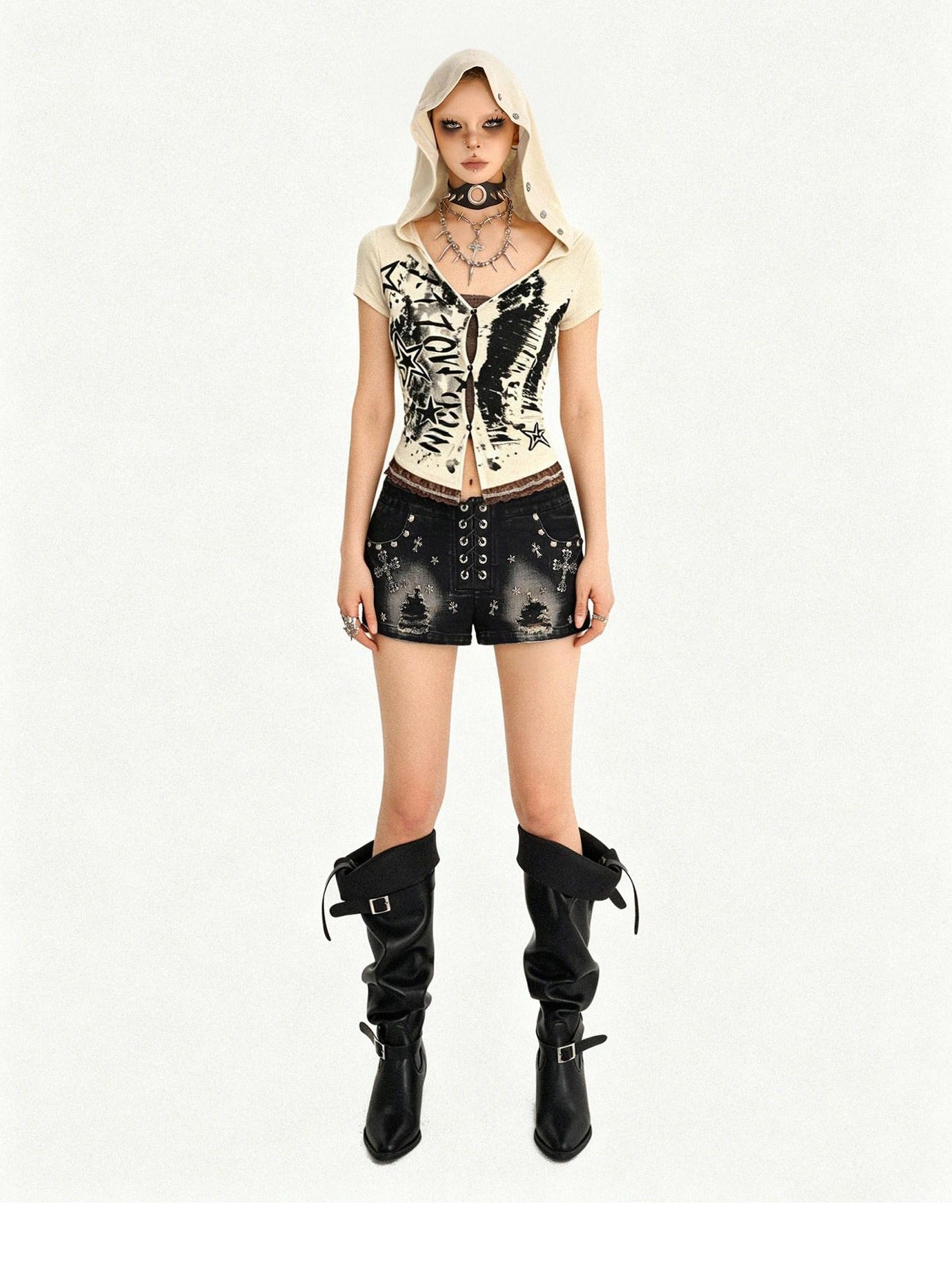 Nico Molly Cinched Waist Lace Skull Punk Faux Two Piece Cropped Women Off White Hoodie
