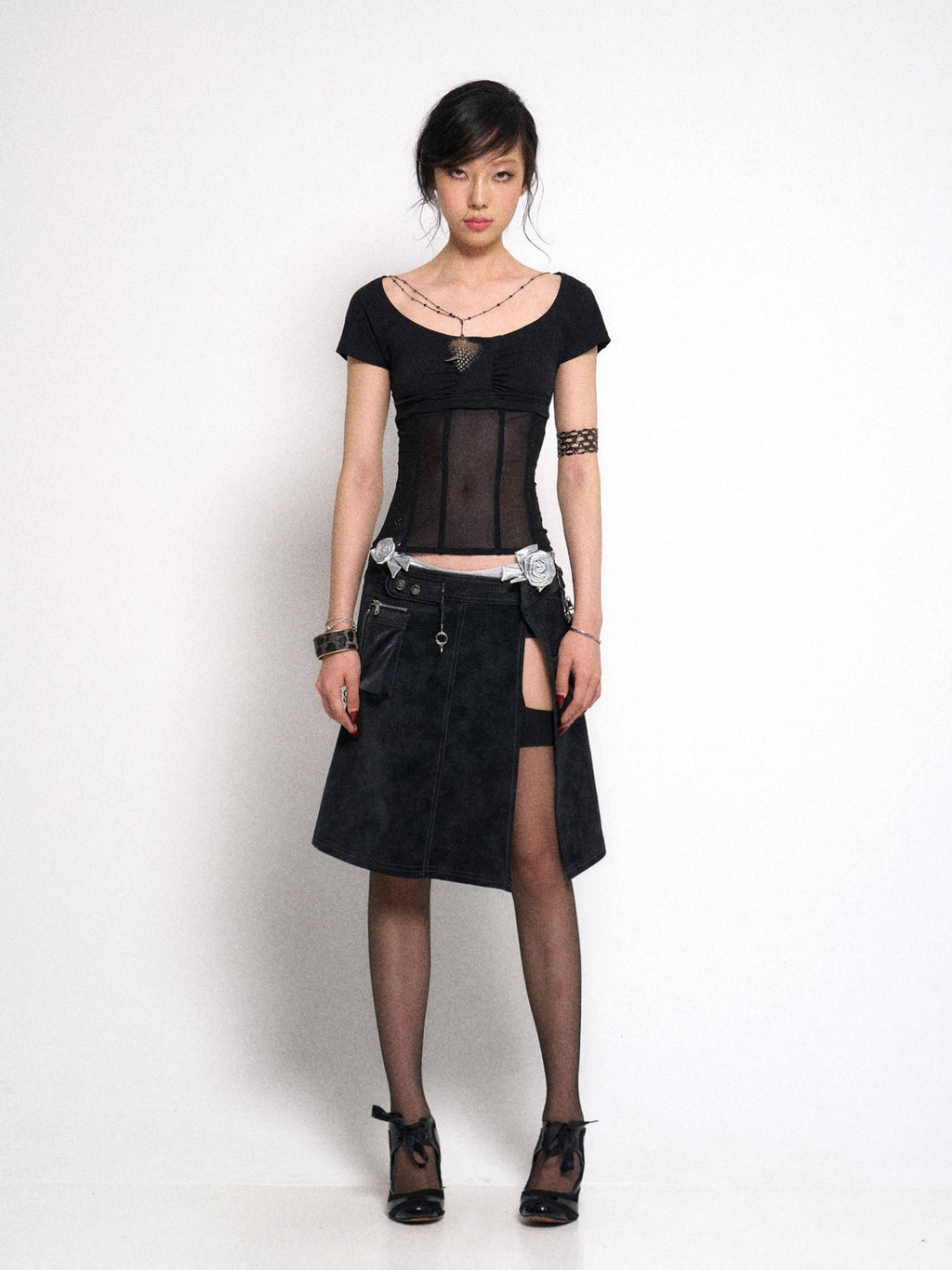 Flowers birds Market Cutout Gothic Slim Fit Solid Black Women Cotton Stretch Short Sleeve T-Shirts