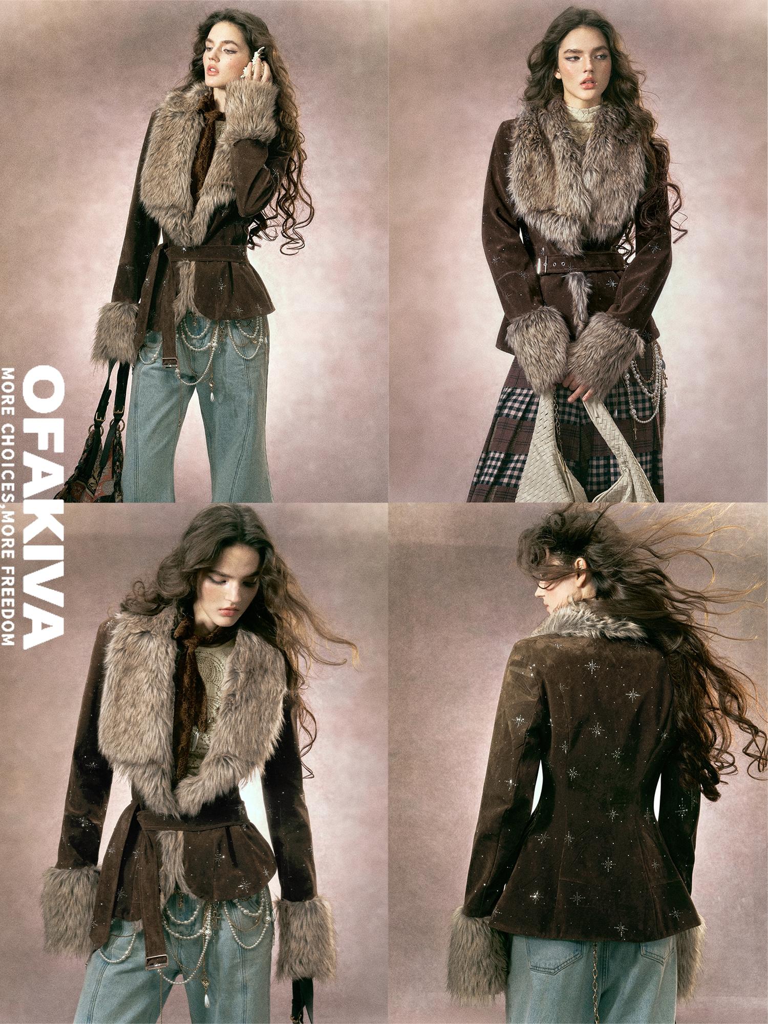 OfAkiva Rhinestone Vintage Oversized Lapel Raglan Short Women Brown Cropped Jackets