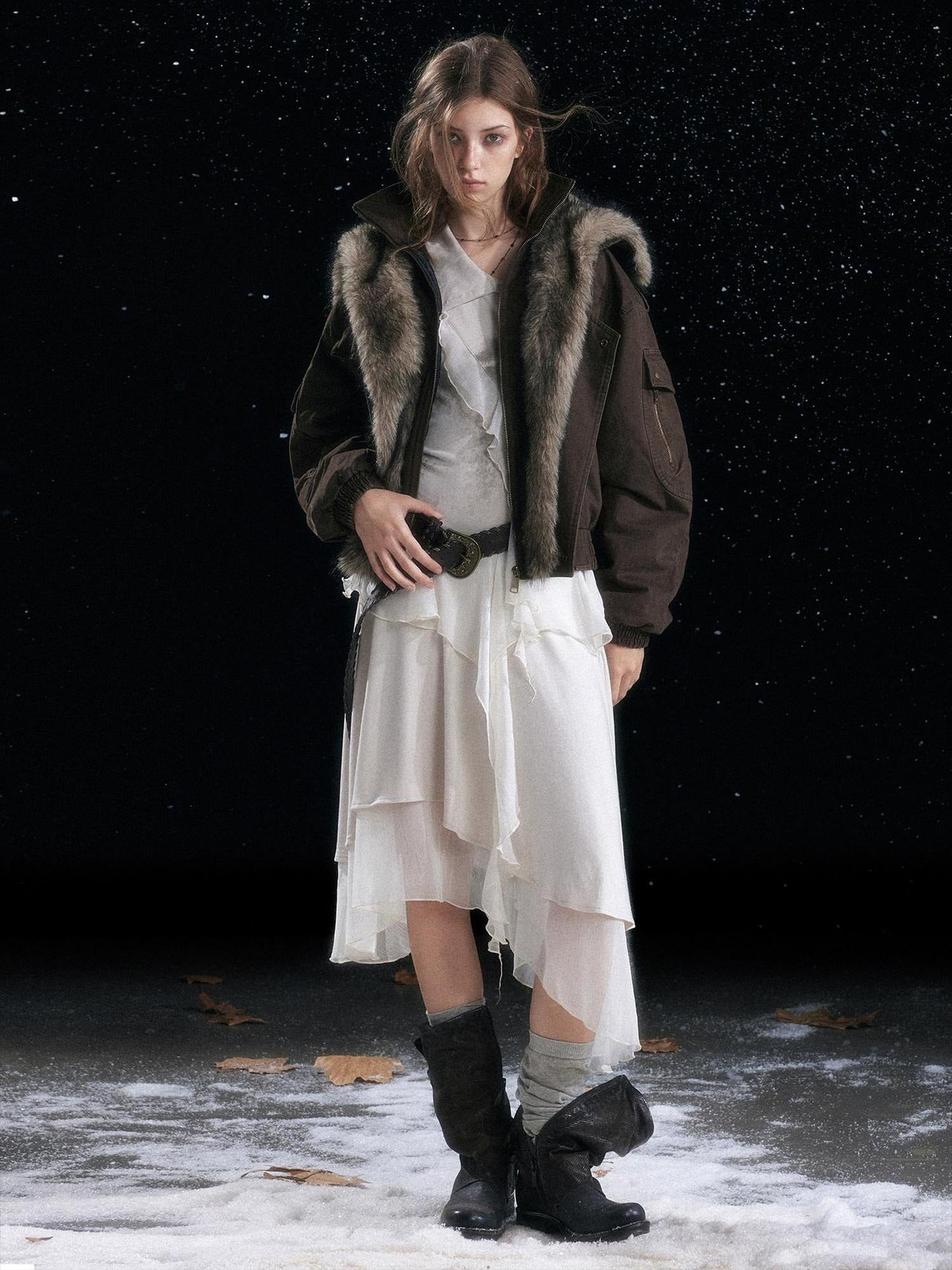 Cest Nous Warm Thick Hooded Zip Commuter Flight Women Brown Croppedjackets