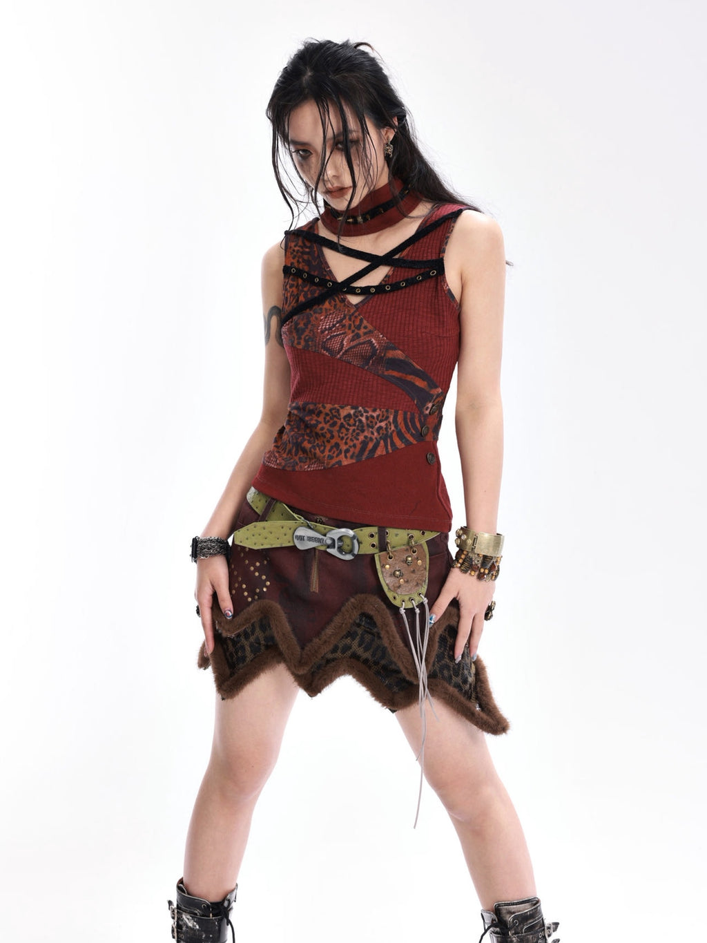 OPEN AESTHETIC Original Design Slim Fit Button Patchwork Striped Women Dark Red Tank Tops