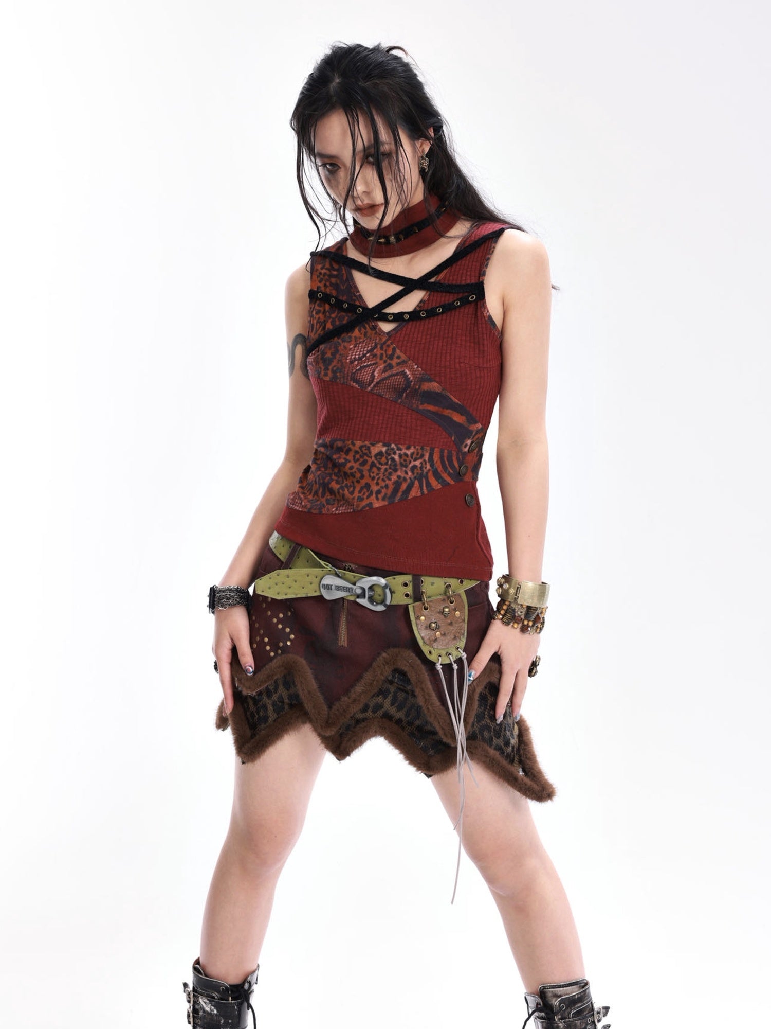 OPEN AESTHETIC Original Design Slim Fit Button Patchwork Striped Women Dark Red Tank Tops
