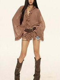 ZERO Chiffon Ruffle V-neck Loose Street Sporty Long Sleeve Black Brown Women Blouses