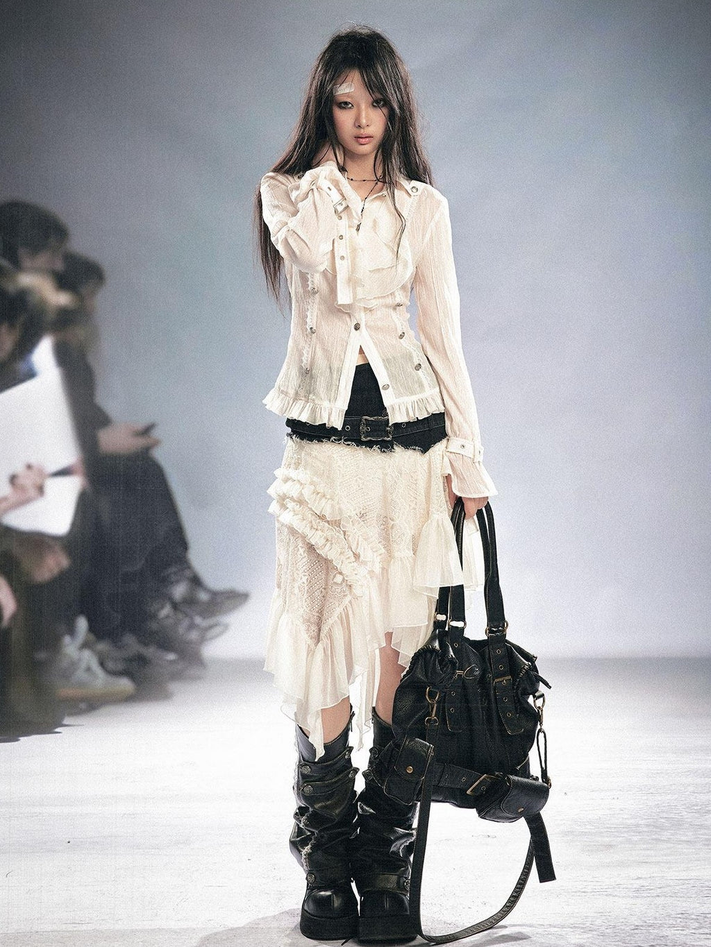 Cest Nous Gothic Ruffle Slim Fit Modal Long Sleeve Women Black Beige Blouses