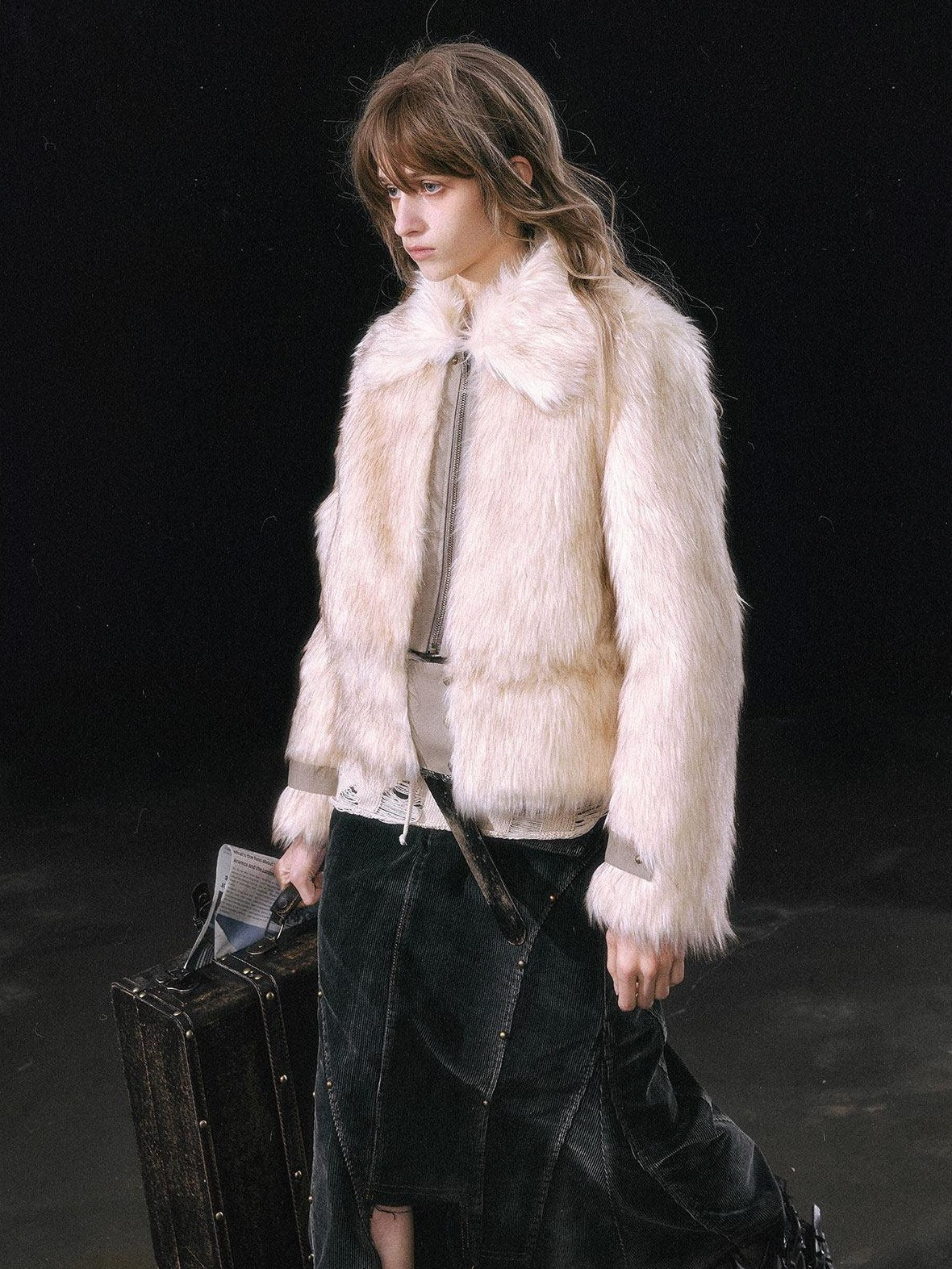 Cest Nous Thick Fur Collar Punk Street Short Fit Young Adults Silver Gray Beige Jackets