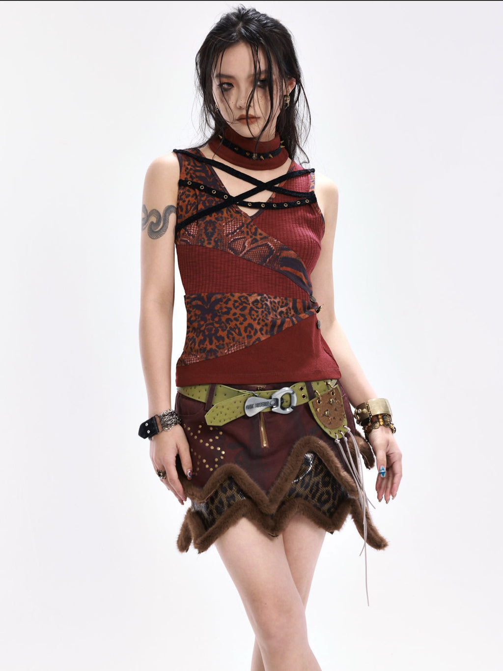 OPEN AESTHETIC Original Design Slim Fit Button Patchwork Striped Women Dark Red Tank Tops