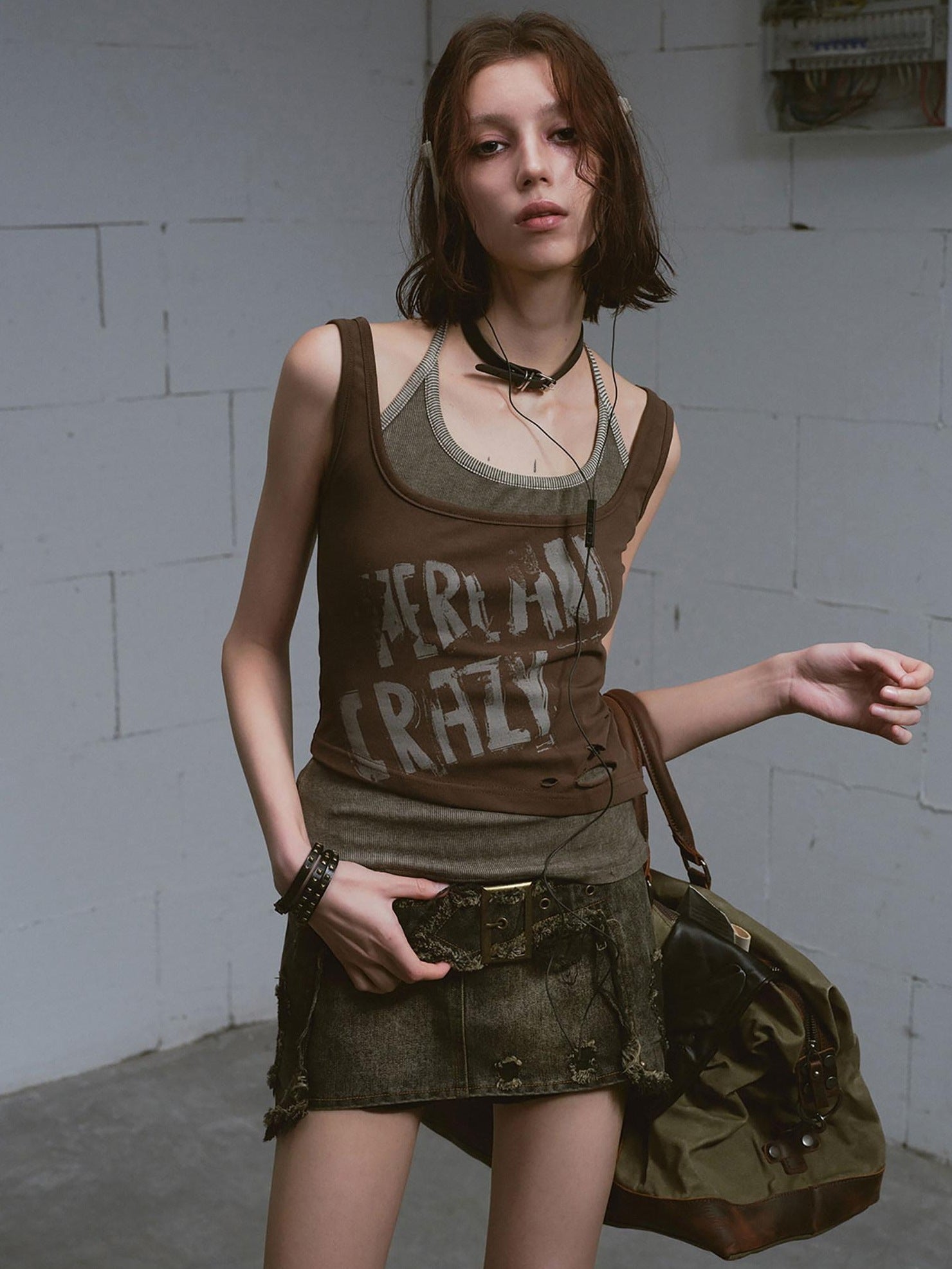 Cest Nous Distressed Print Punk Slim Halter Female Cotton Blend Brown Gray Tanktops