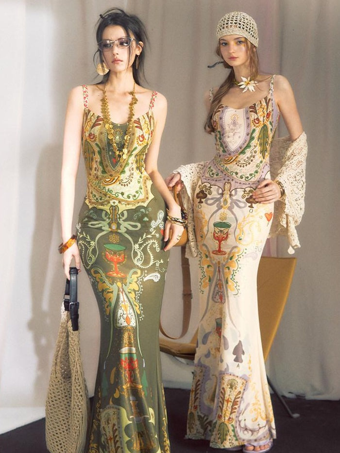 OfAkiva Vintage High Waist Sleeveless Printed Mermaid Women Vacation Maxi Dresses