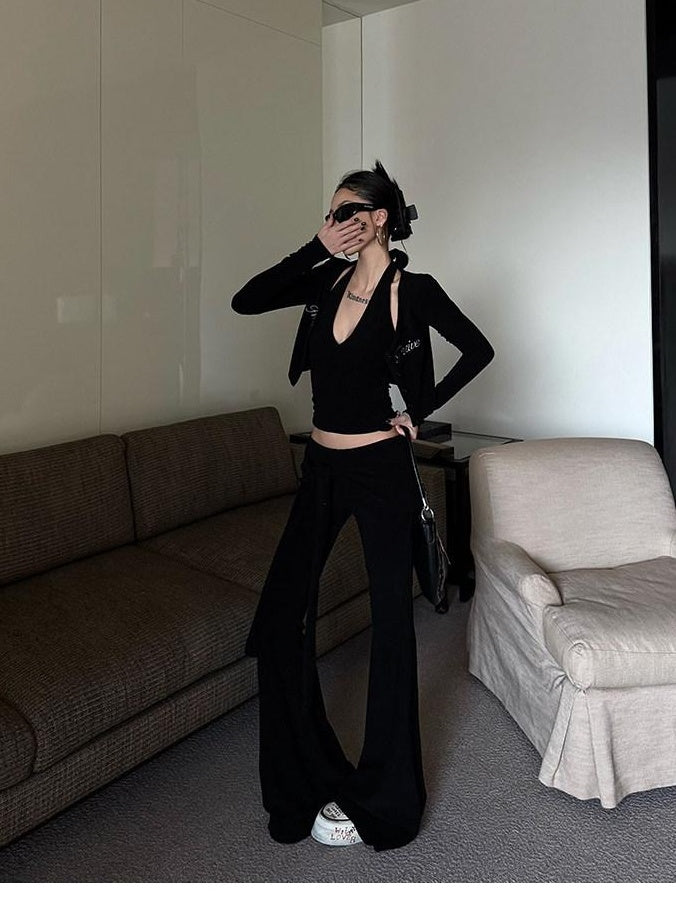 ZERO Embroidered Slim V-neck Vest Cardigan Three Piece Viscose Women Top & Pants Sets