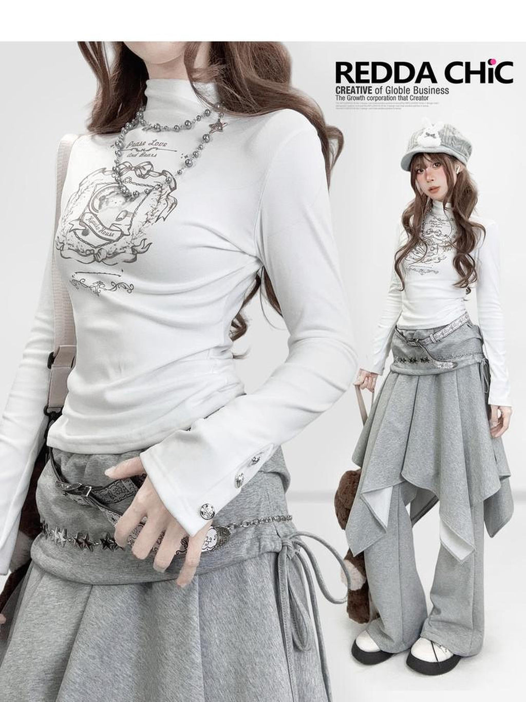 REDDACHIC White Mock Neck Slim Fit Cute Women'S Thermal Fleece Long Sleeve T-Shirts