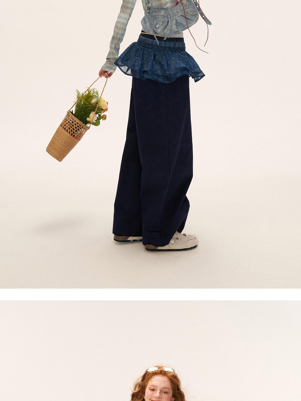 MAMC 100% Cotton Patchwork Relaxed Natural Waist Casual Womens Blue Wide Leg Pants