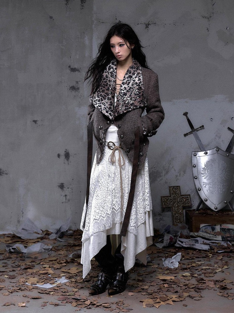 NO ROMANCE Leopard Print Patchwork Reversible Lapel Women'S Boucle Tweed Plush Short Coats
