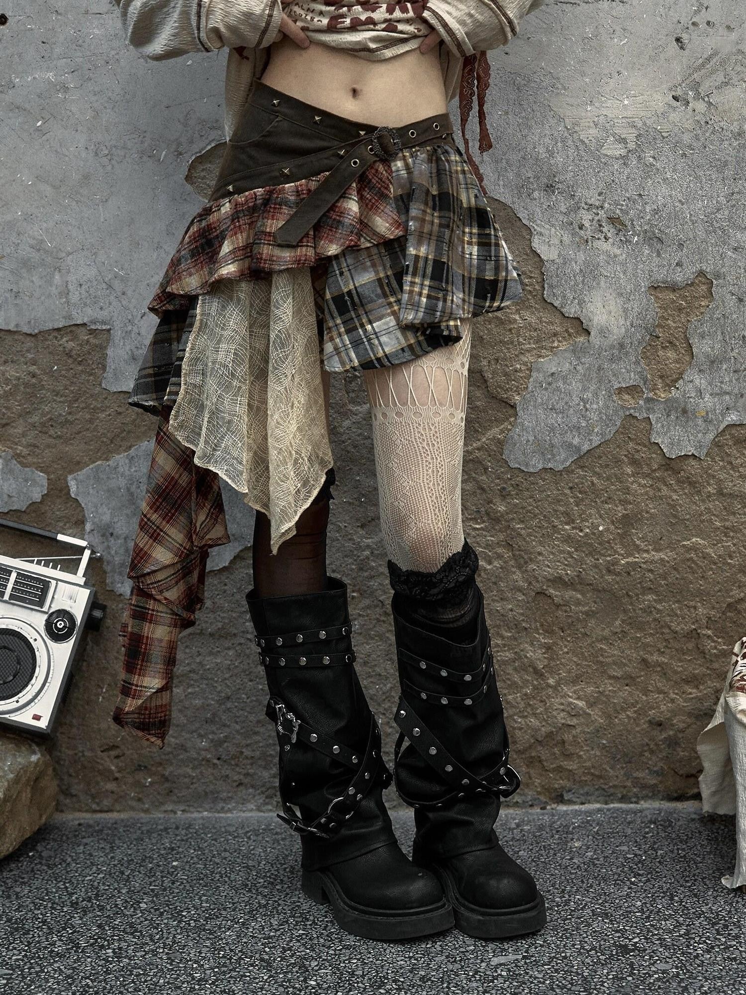 NO ROMANCE Punk Asymmetric Plaid Patchwork Rivet Women'S Cotton Midi Skirts