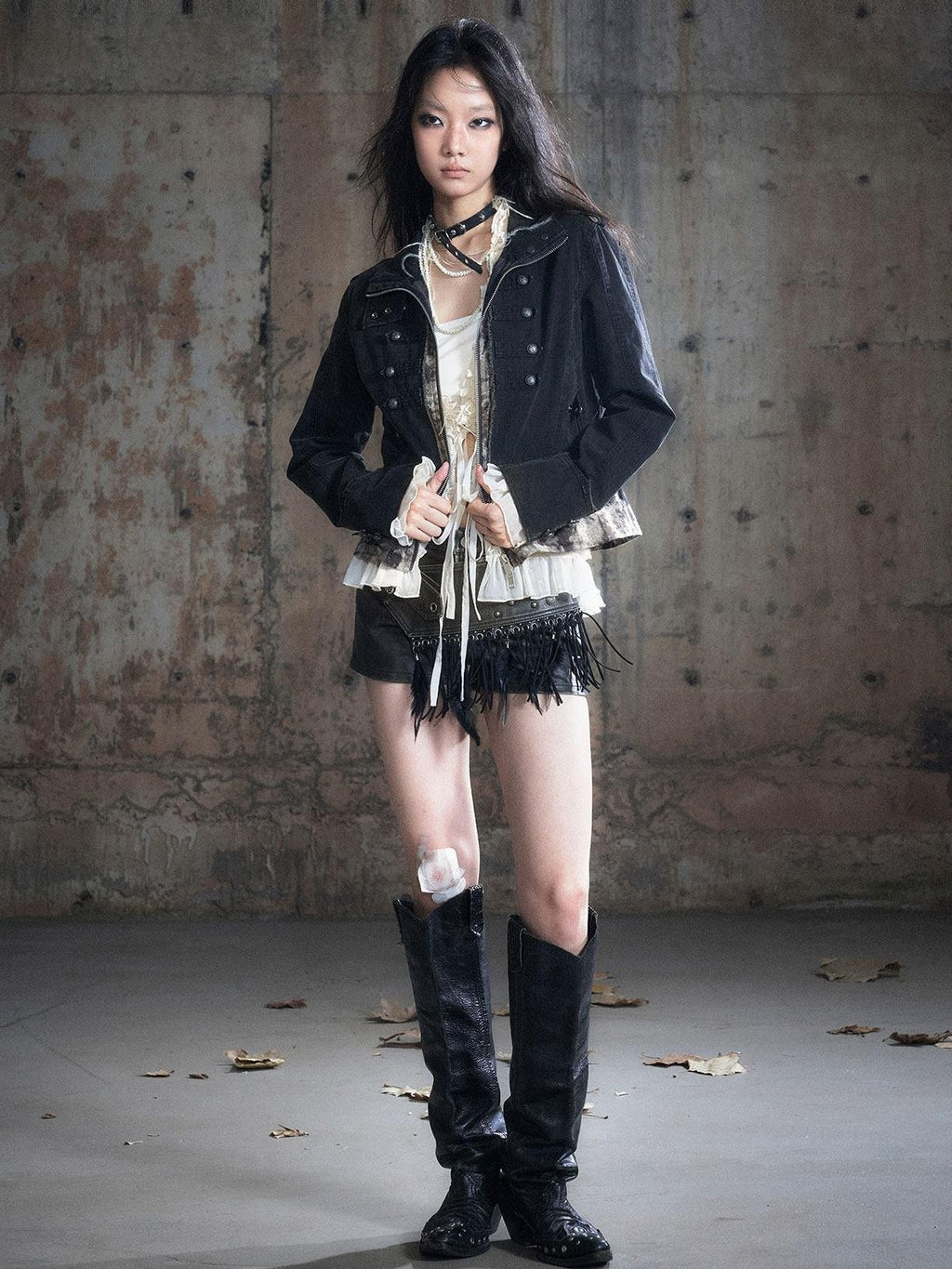 Cest Nous Frayed Punk Stand Collar Camo Cotton Button Long Sleeve Women Croppedjackets