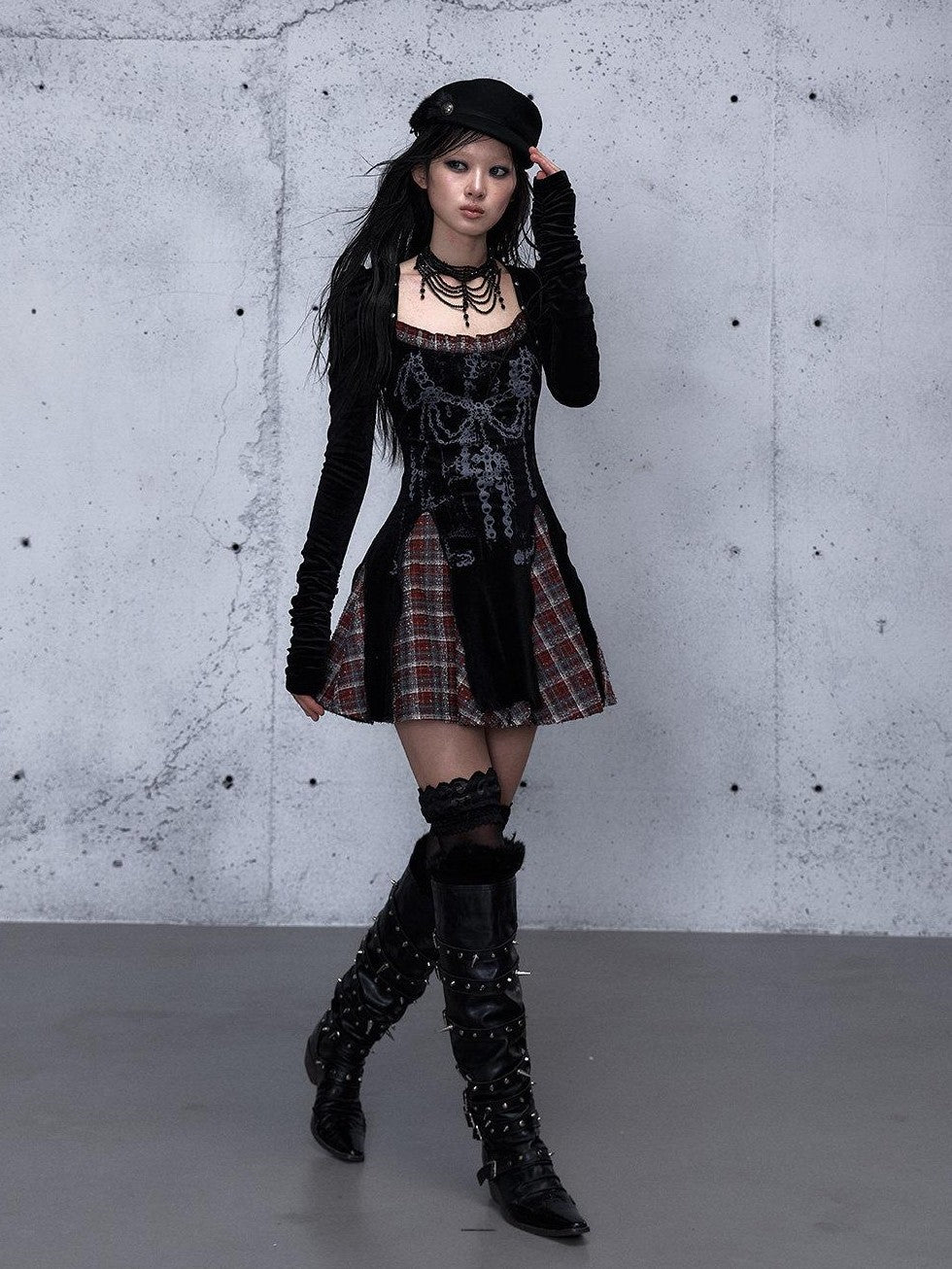 NO ROMANCE Baroque Plaid Polka Dot Square Neck Puff Sleeve Women'S Velvet Mini Dresses