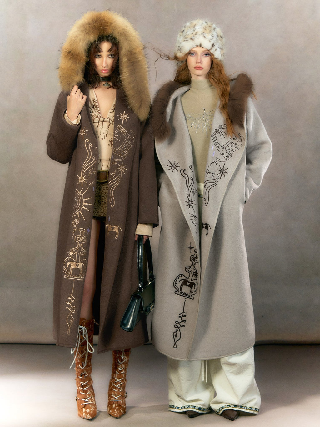 OfAkiva Thick Embroidered Hooded Relaxed Mystic Wool Midlength Brown Long Coats