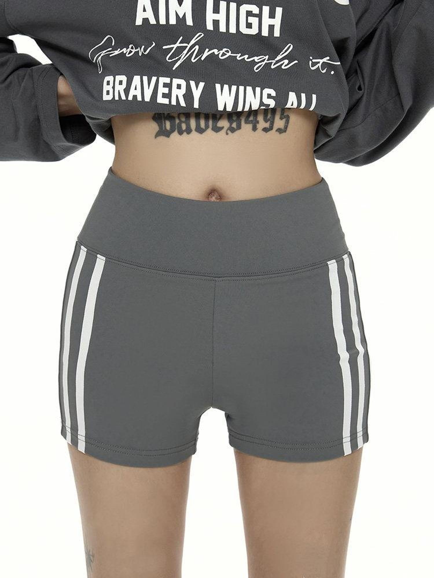 ZERO High Stretch Striped Knit Natural Waist Fit Casual Women Black Gray Mini Shorts