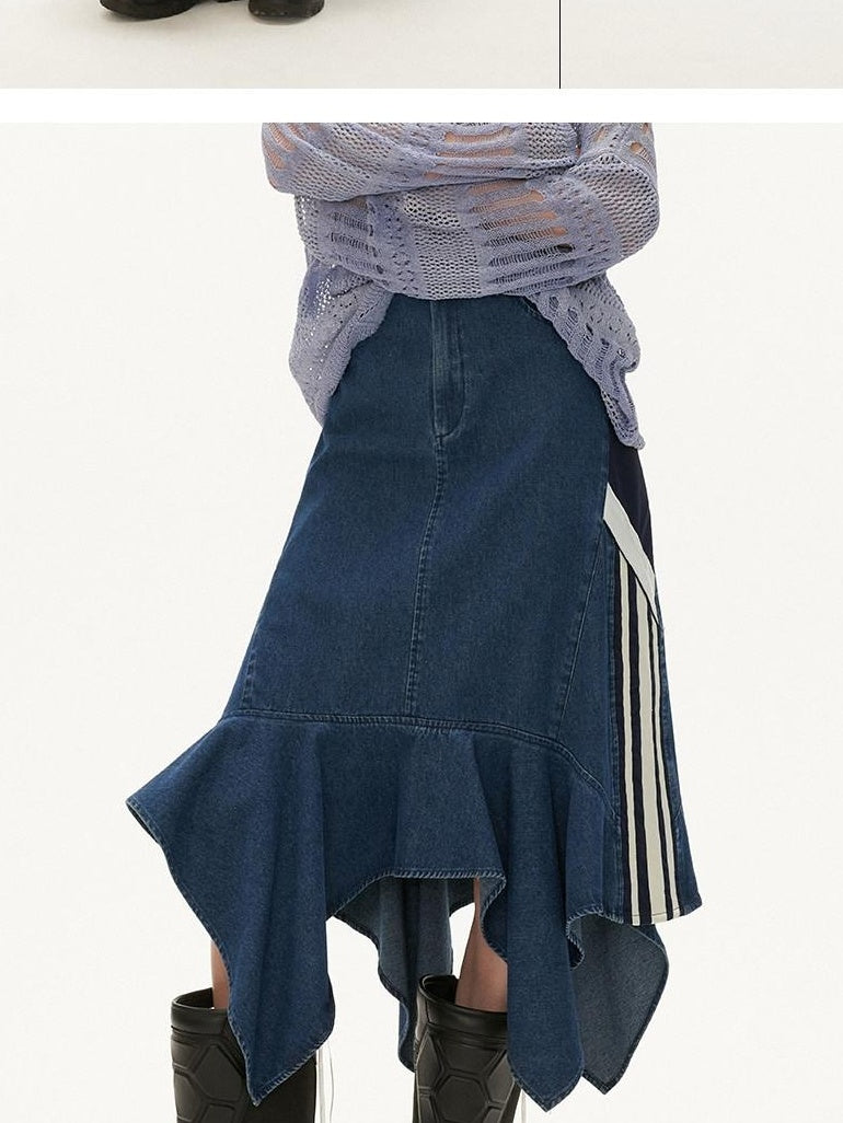 MAMC Soft Cotton Blend Asymmetric Mid Waist Office Minimalist Blue Midi Skirts