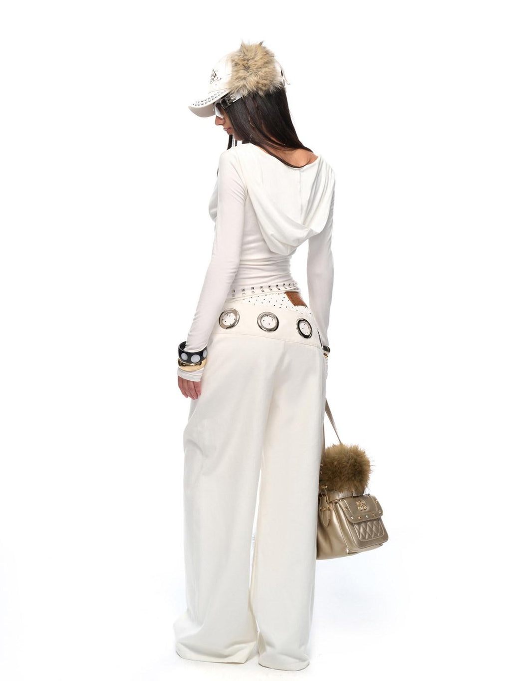JYOSEI Asymmetric Polka Dot Patchwork Low Rise Workwear Wide Leg Cotton Straight Pants