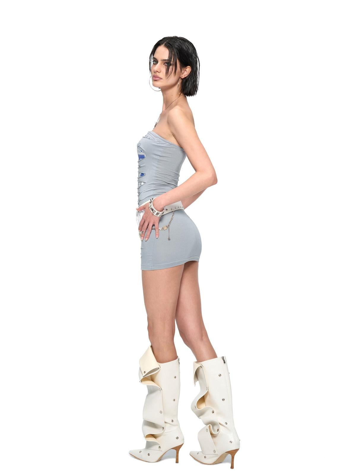JYOSEI Cotton Stretch Strapless Patchwork Cinched Waist Casual Mini Dresses