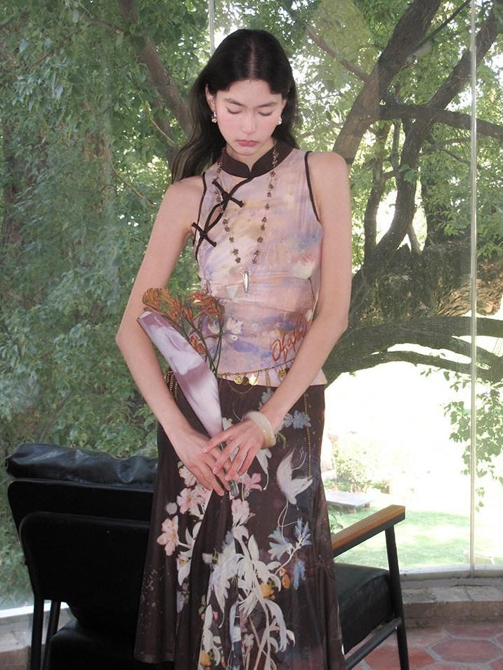 OfAkiva Floral Print Cropped Knit Sleeveless Slim Fit Two Piece Top & Skirt Sets