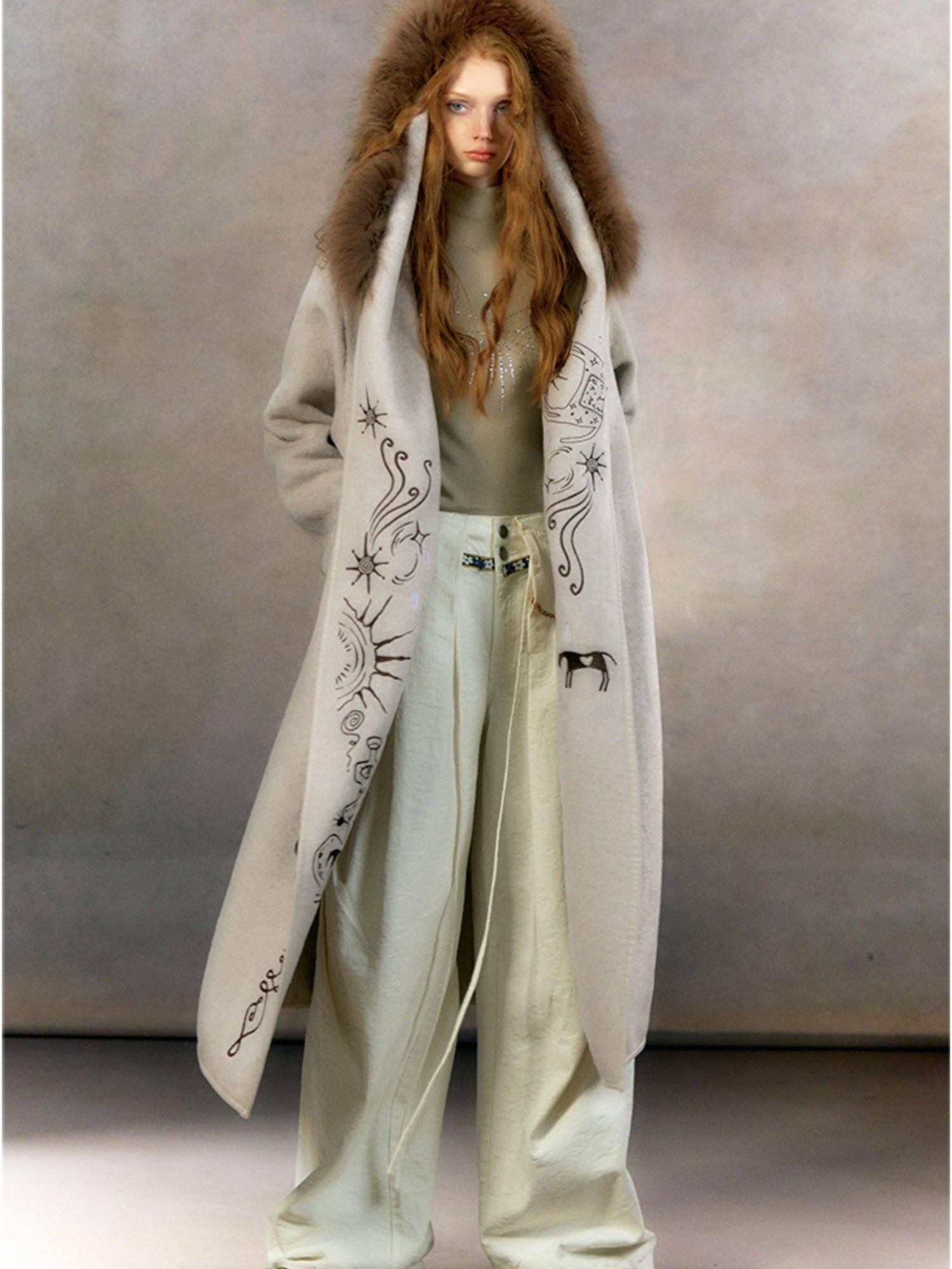 OfAkiva Thick Embroidered Hooded Relaxed Mystic Wool Midlength Brown Long Coats