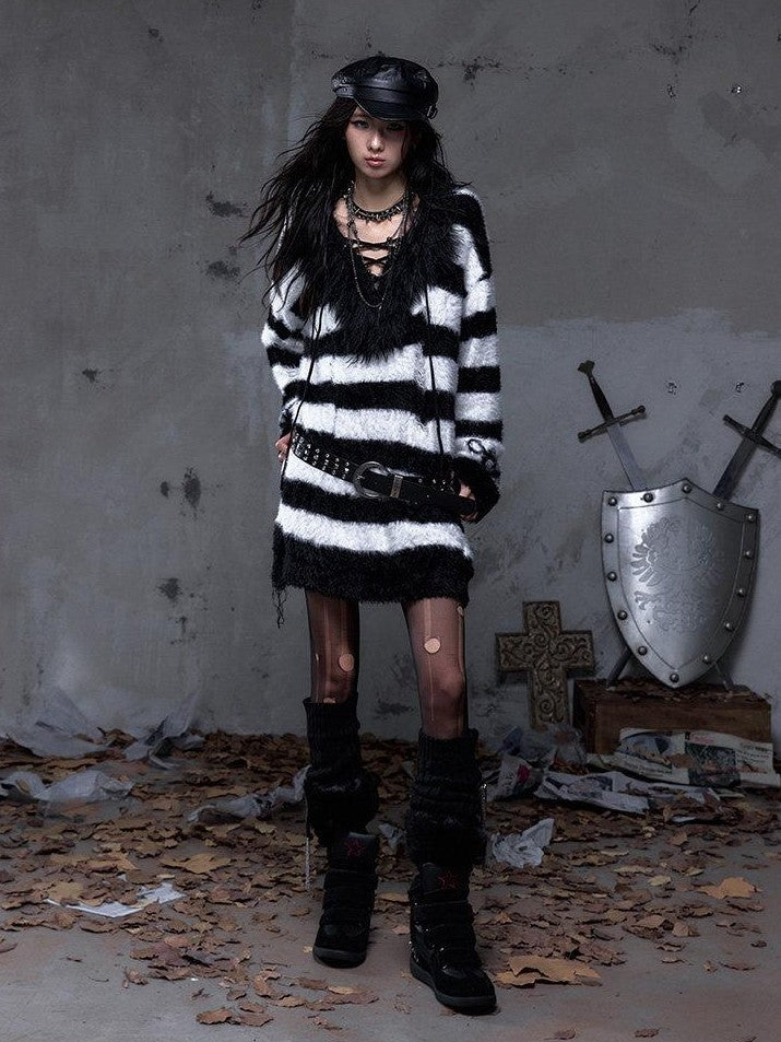 NO ROMANCE Vintage Punk Distressed Striped Women'S Faux Mink Low Neck Loose Long Sweaters