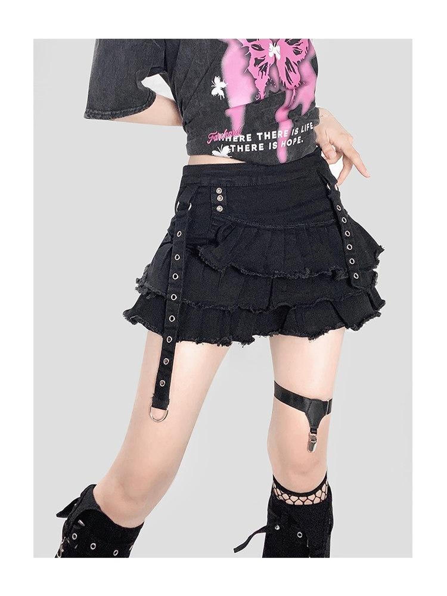 REDDACHIC Subculture Punk Black Pleated Low Waist Women'S Denim Mini Skirts