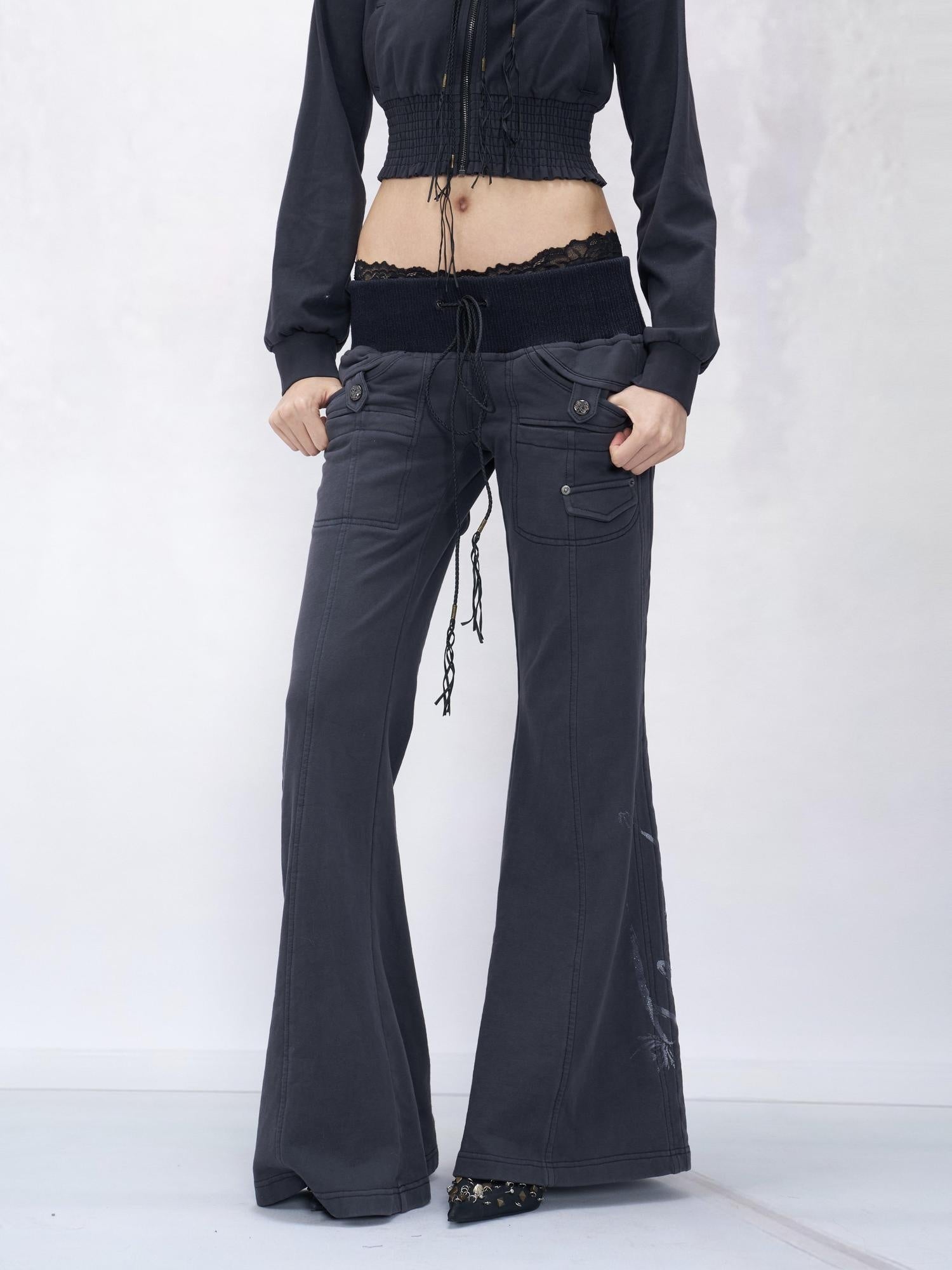 Flowers birds Market 100% Cotton Printed Sexy Slight Flare Mid Rise Women Purple Sweatpants/Joggers