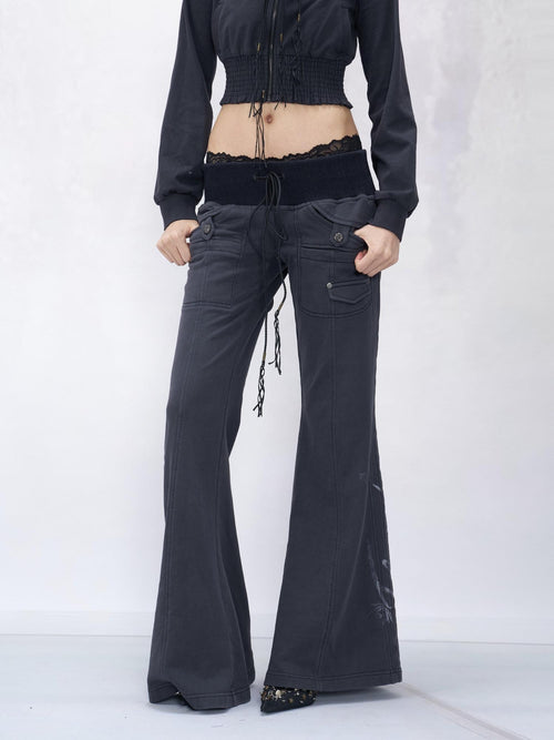 Flowers birds Market 100% Cotton Printed Sexy Slight Flare Mid Rise Women Purple Sweatpants/Joggers