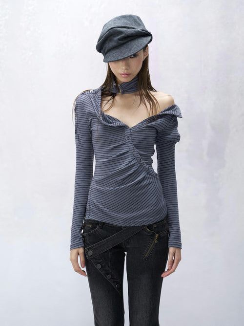 Flowers birds Market 100% Cotton Slim Striped Casual Women Blue Gray Long Sleeve T-Shirts