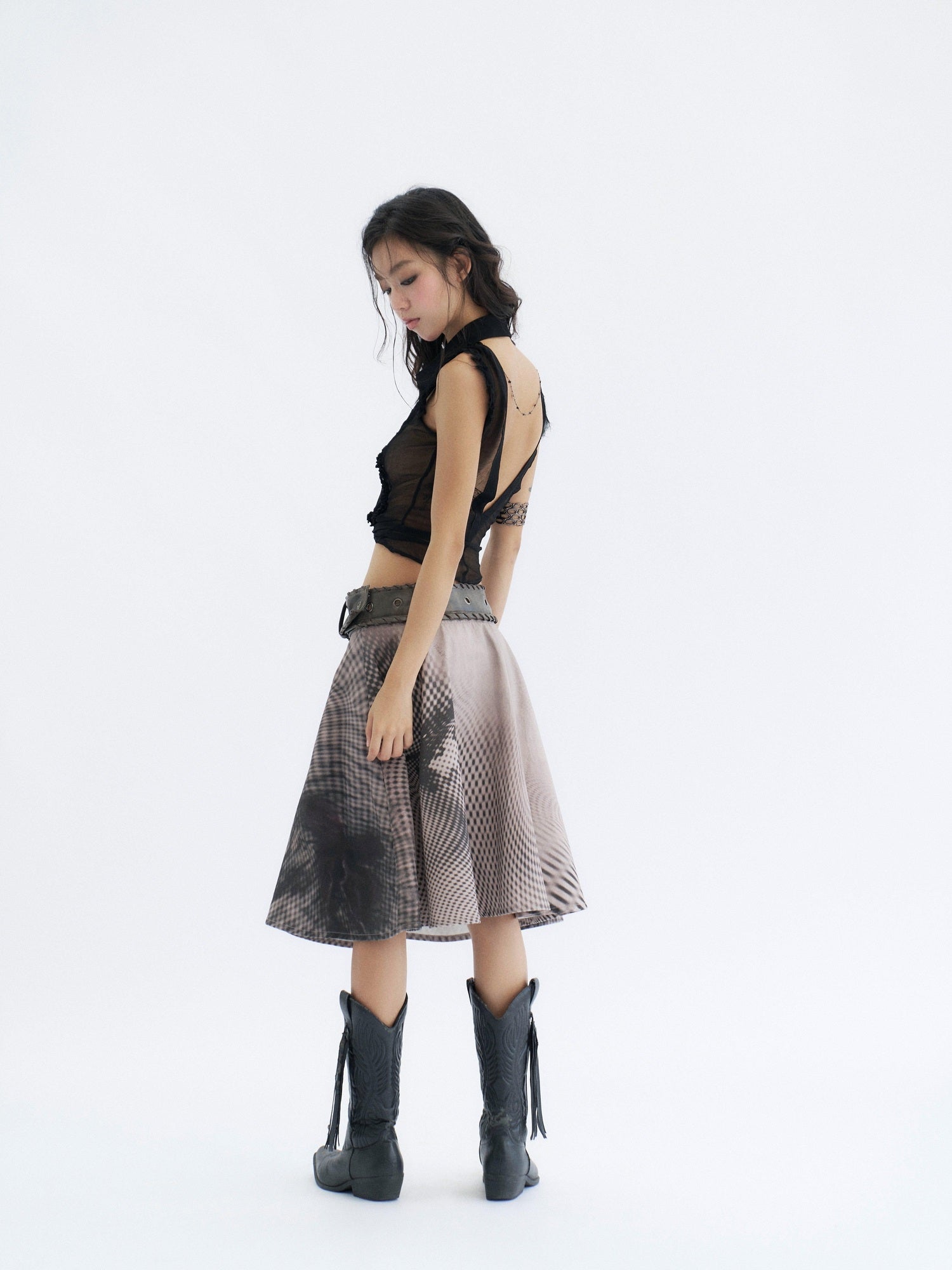 Flowers birds Market 100 Percent Cotton Tie Waist Denim A Line Mid Rise Women City Walk Midi Skirts