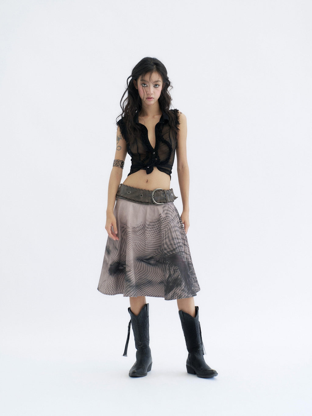Flowers birds Market 100 Percent Cotton Tie Waist Denim A Line Mid Rise Women City Walk Midi Skirts