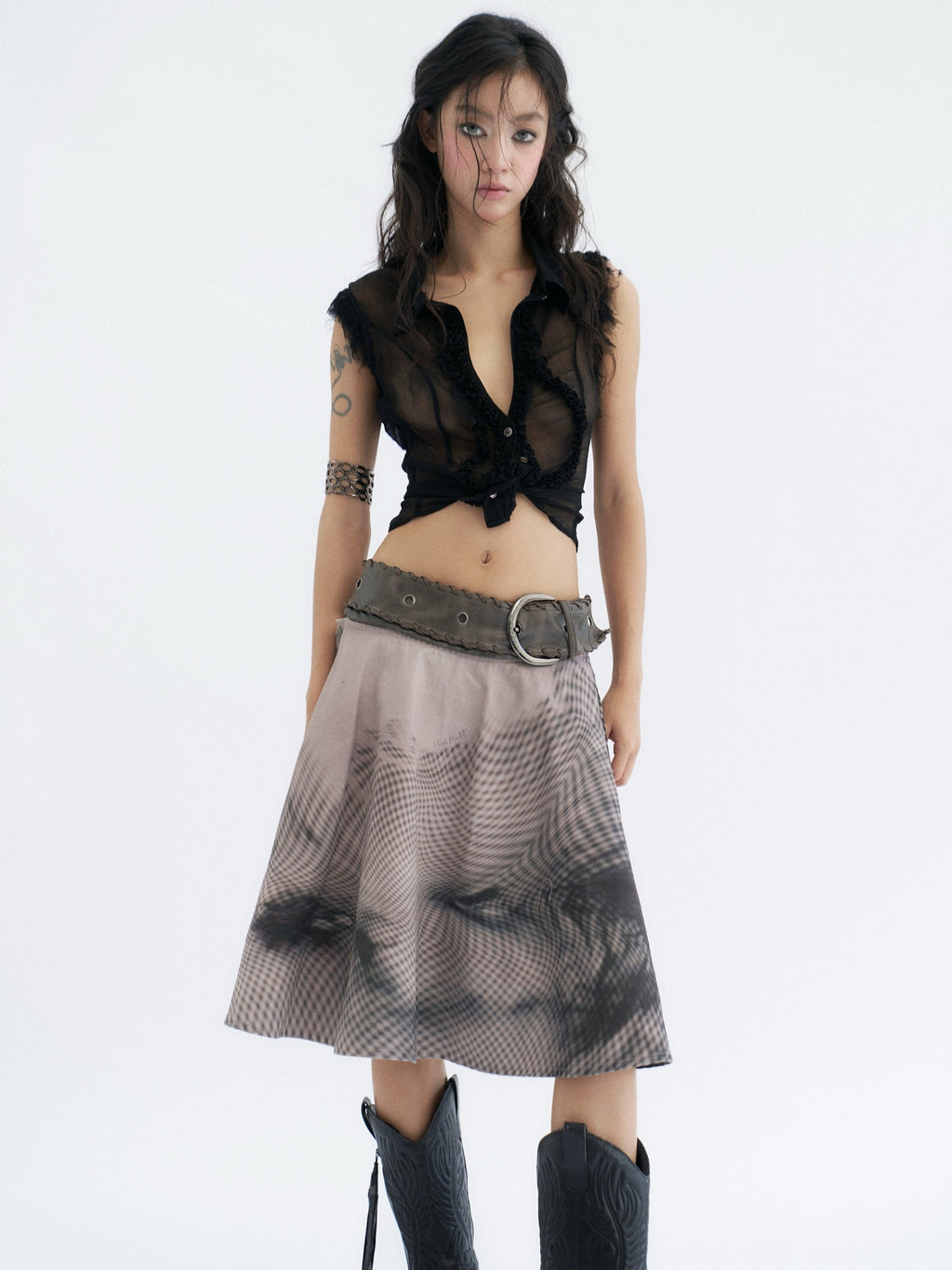 Flowers birds Market 100 Percent Cotton Tie Waist Denim A Line Mid Rise Women City Walk Midi Skirts