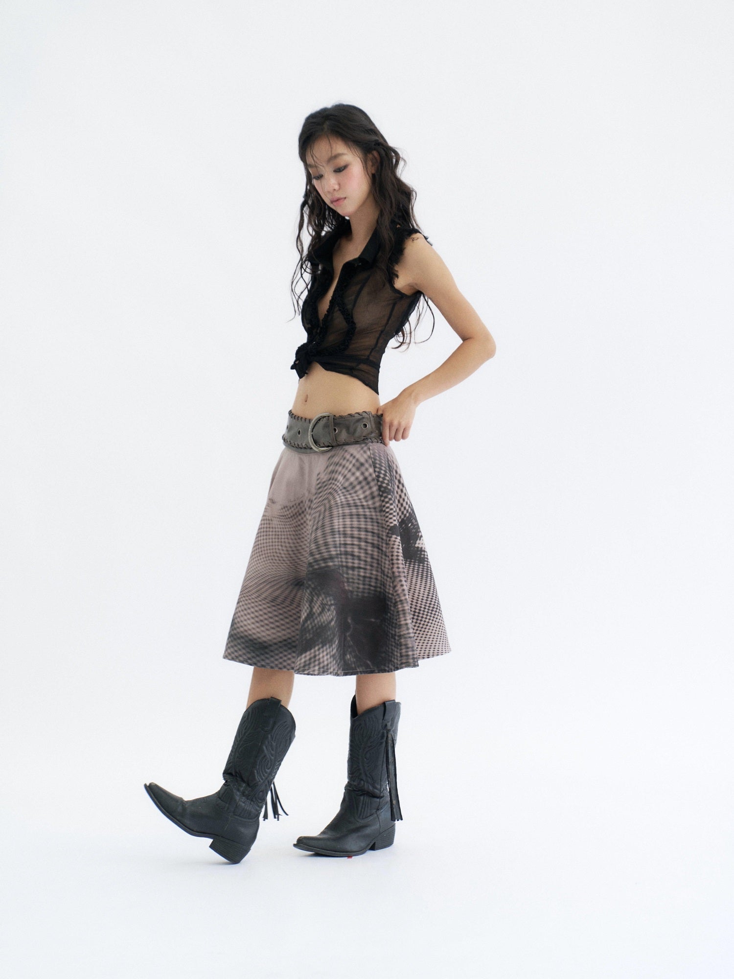 Flowers birds Market 100 Percent Cotton Tie Waist Denim A Line Mid Rise Women City Walk Midi Skirts