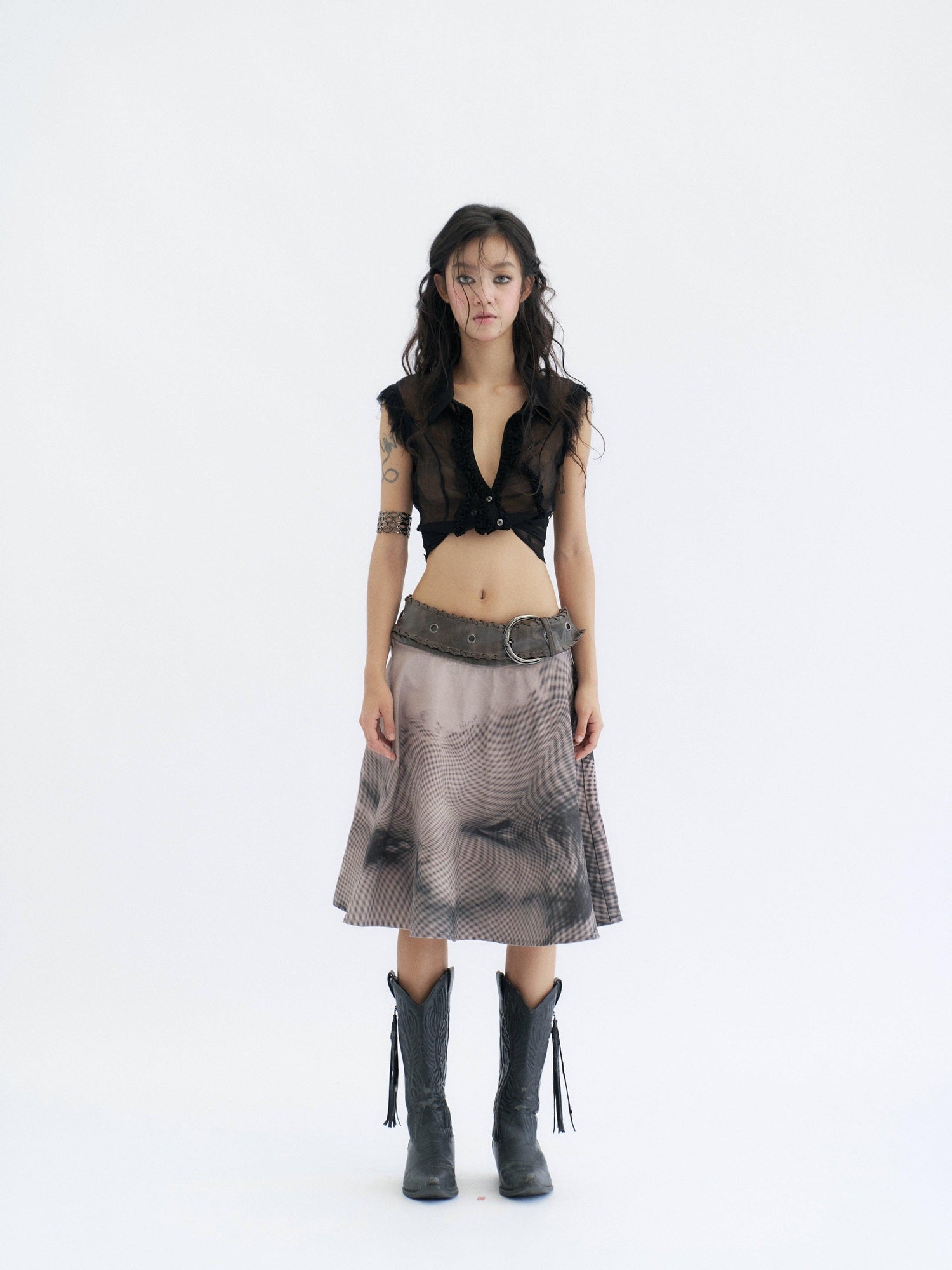 Flowers birds Market 100 Percent Cotton Tie Waist Denim A Line Mid Rise Women City Walk Midi Skirts