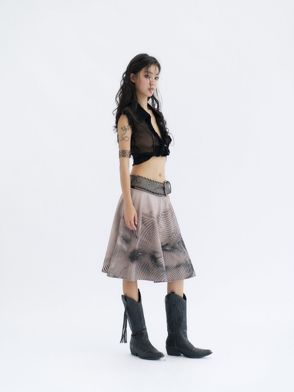 Flowers birds Market 100 Percent Cotton Tie Waist Denim A Line Mid Rise Women City Walk Midi Skirts