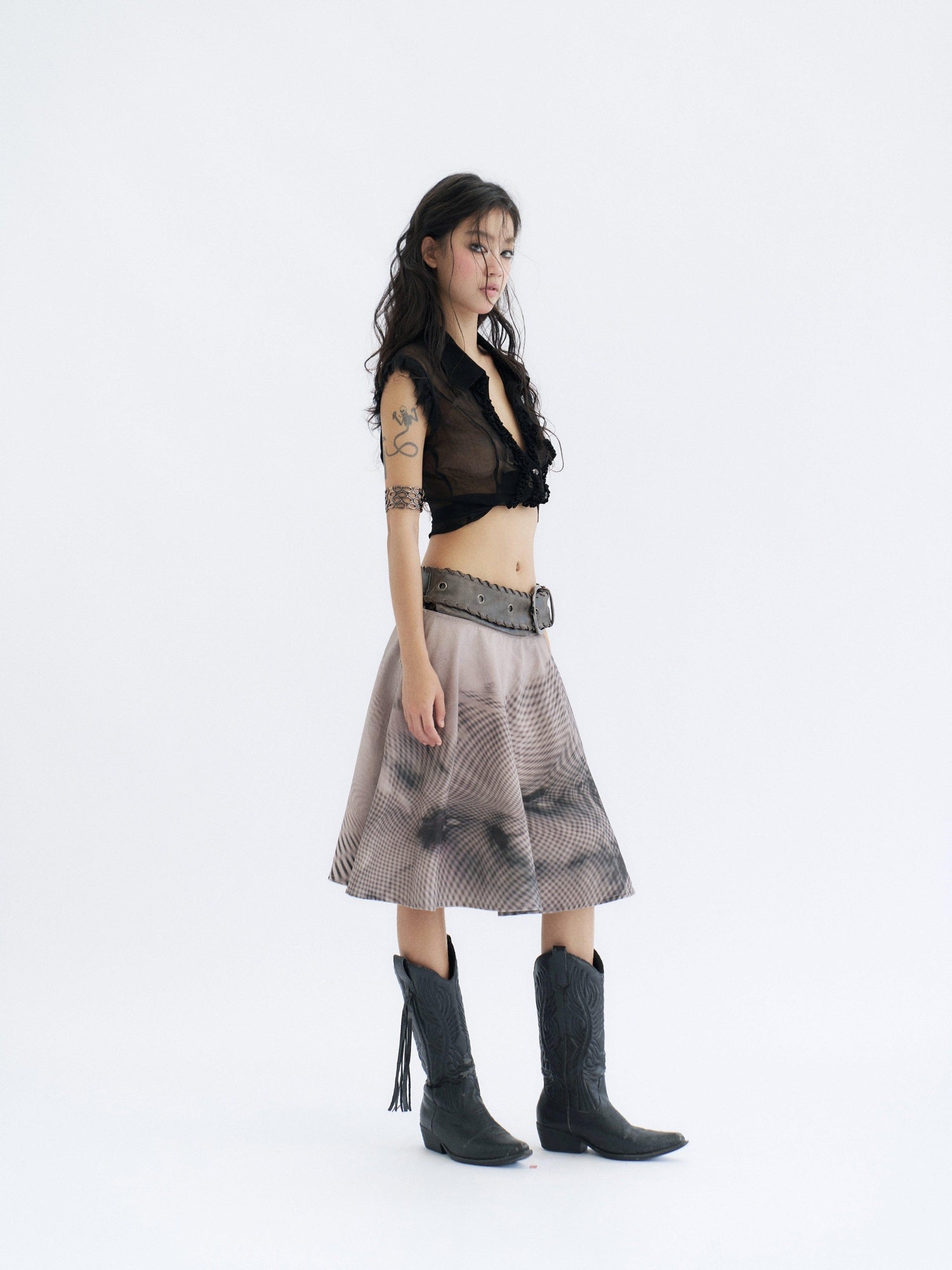 Flowers birds Market 100 Percent Cotton Tie Waist Denim A Line Mid Rise Women City Walk Midi Skirts