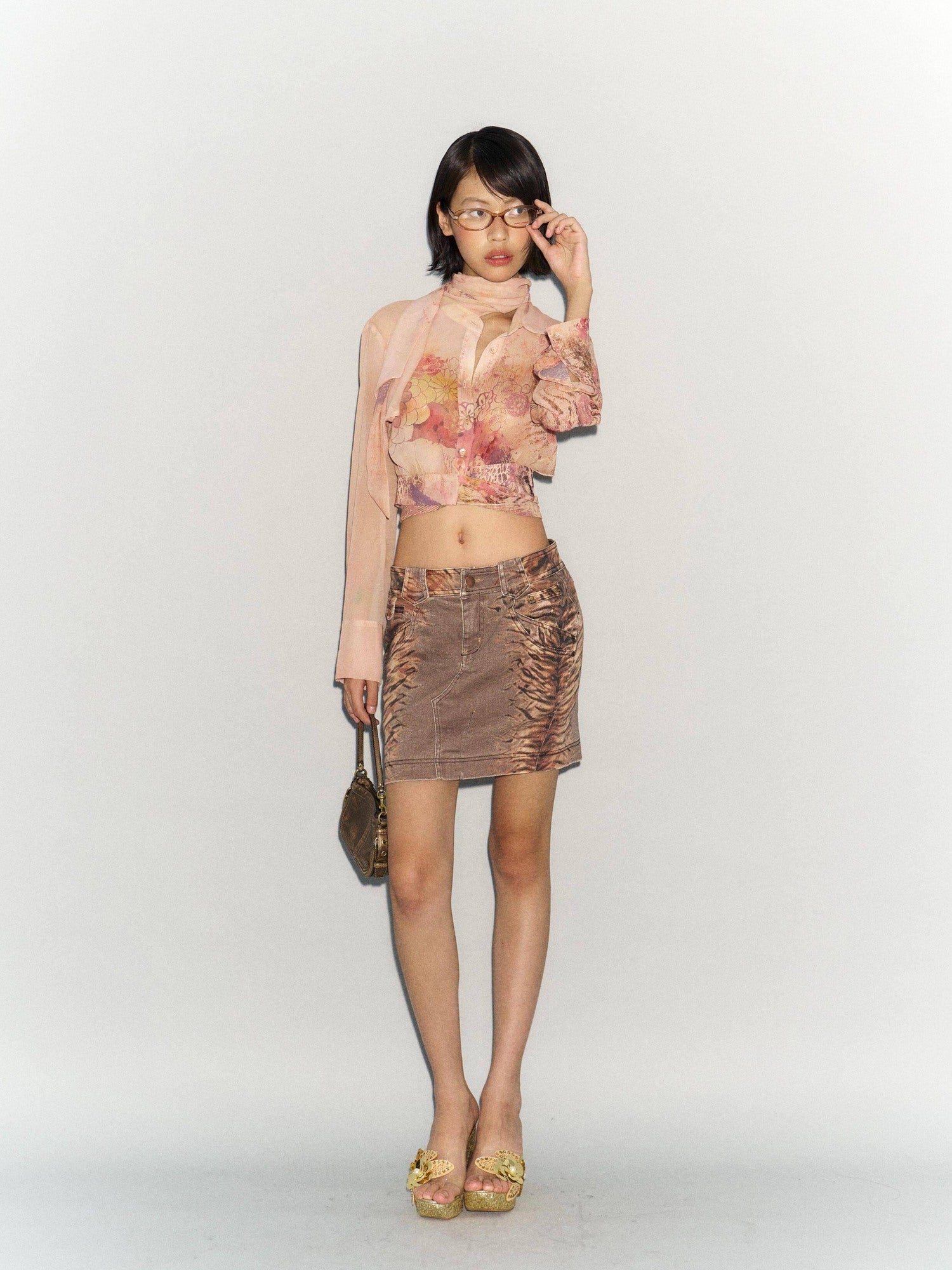 Flowers birds Market Comfort Stretch Vintage Distressed Printed Slim Mid Rise Denim Mini Skirts