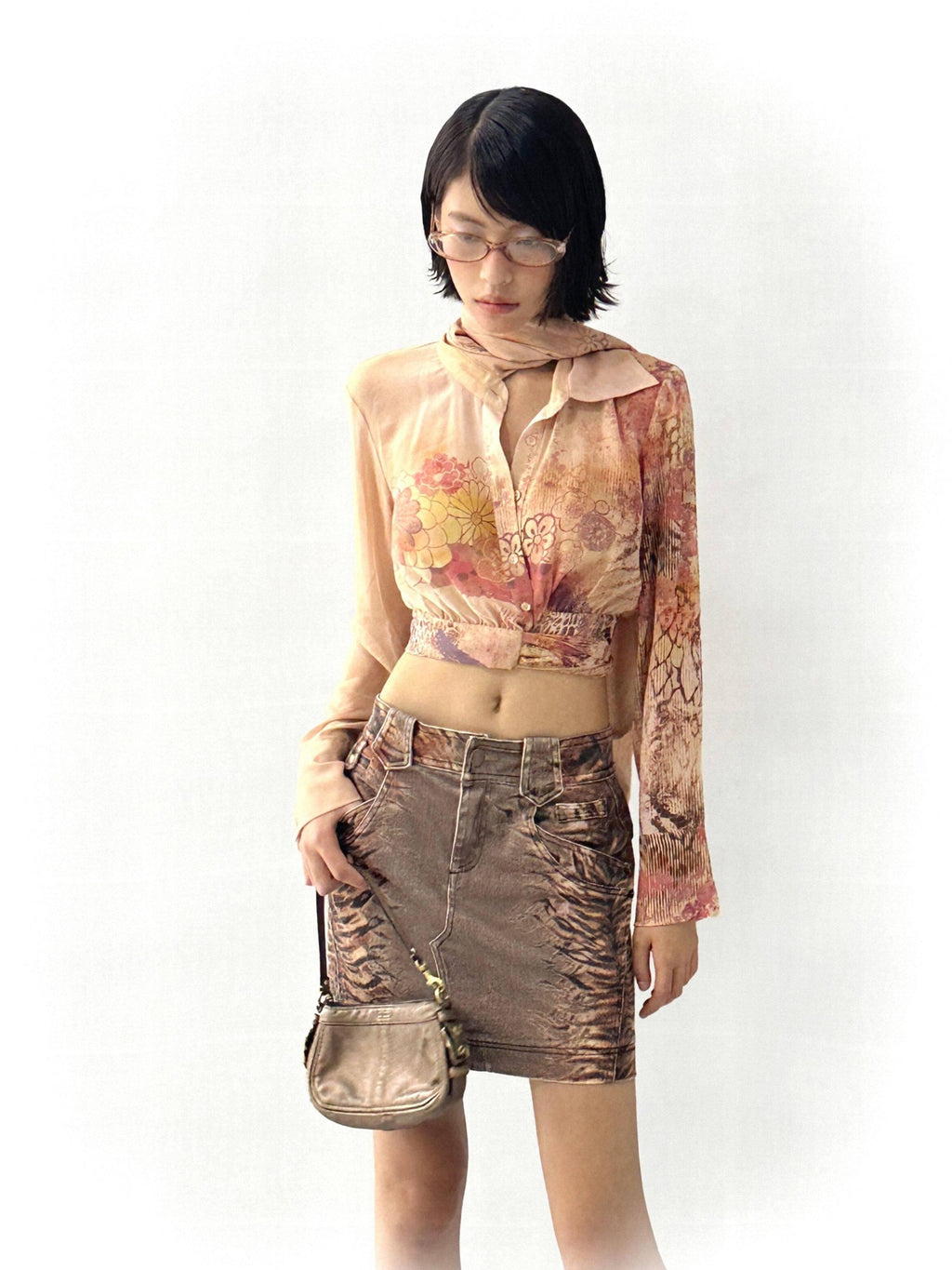 Flowers birds Market Comfort Stretch Vintage Distressed Printed Slim Mid Rise Denim Mini Skirts