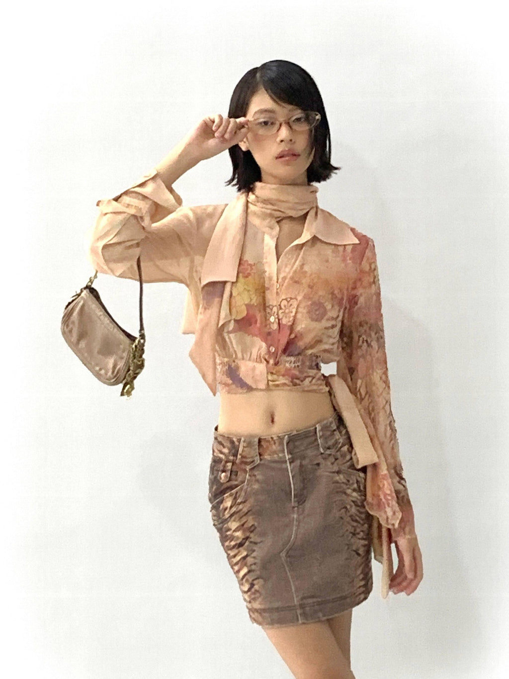 Flowers birds Market Comfort Stretch Vintage Distressed Printed Slim Mid Rise Denim Mini Skirts