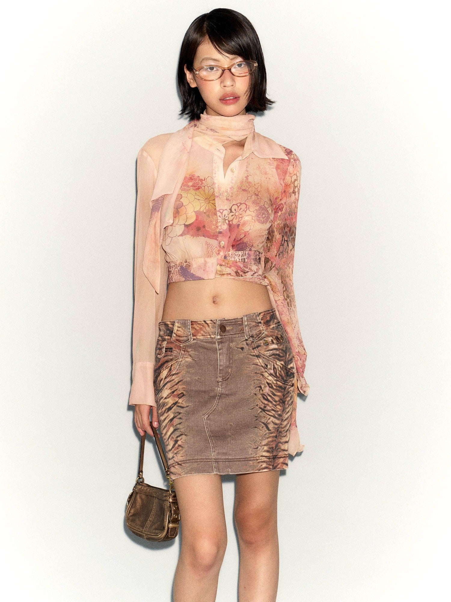 Flowers birds Market Comfort Stretch Vintage Distressed Printed Slim Mid Rise Denim Mini Skirts