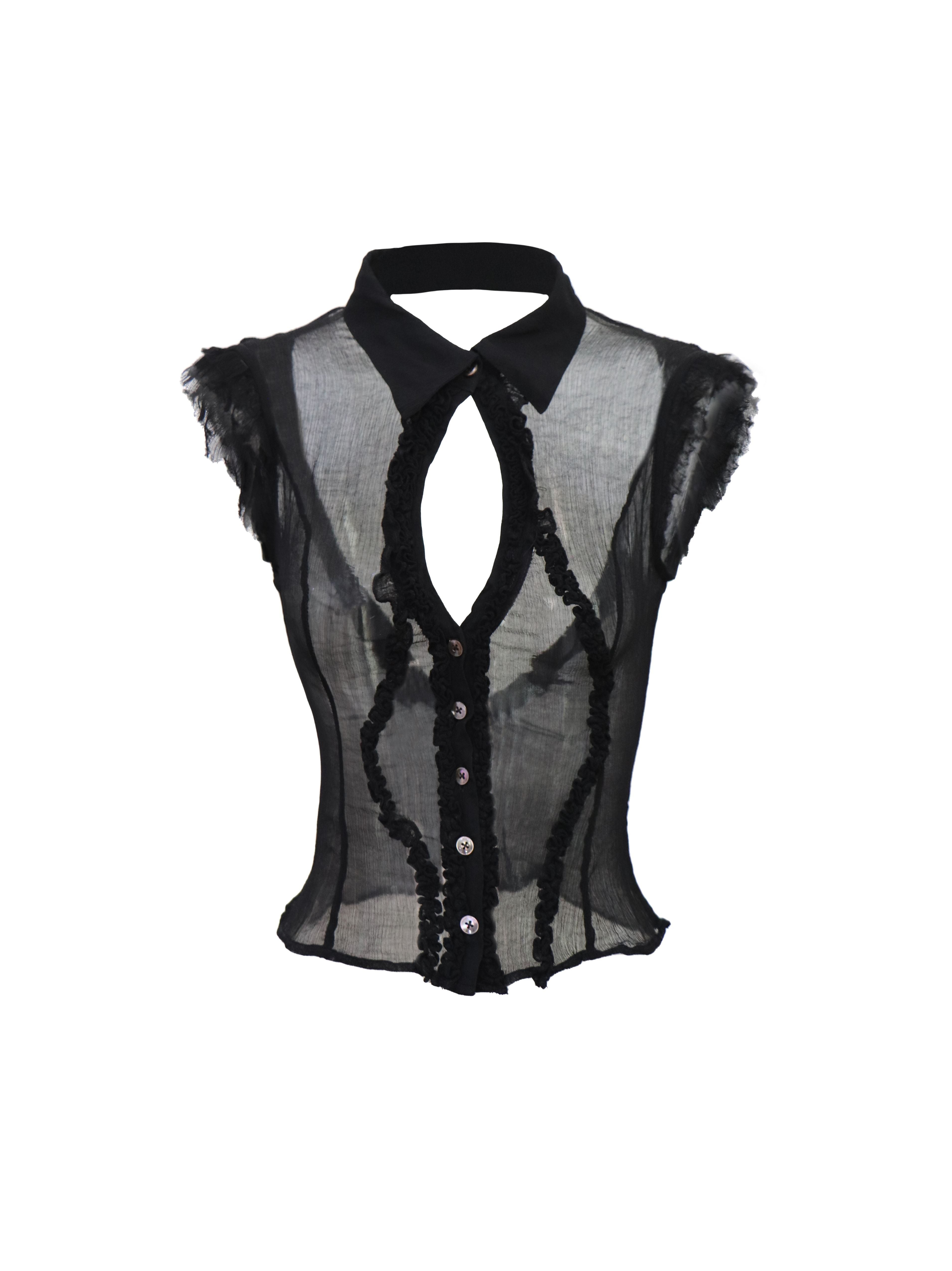Flowers_birds_Market_Cooling_Original_Slim_Ruched_Cutout_Mesh_Sleeveless_Stand_Collar_Cupro_Blouses_MISSTT