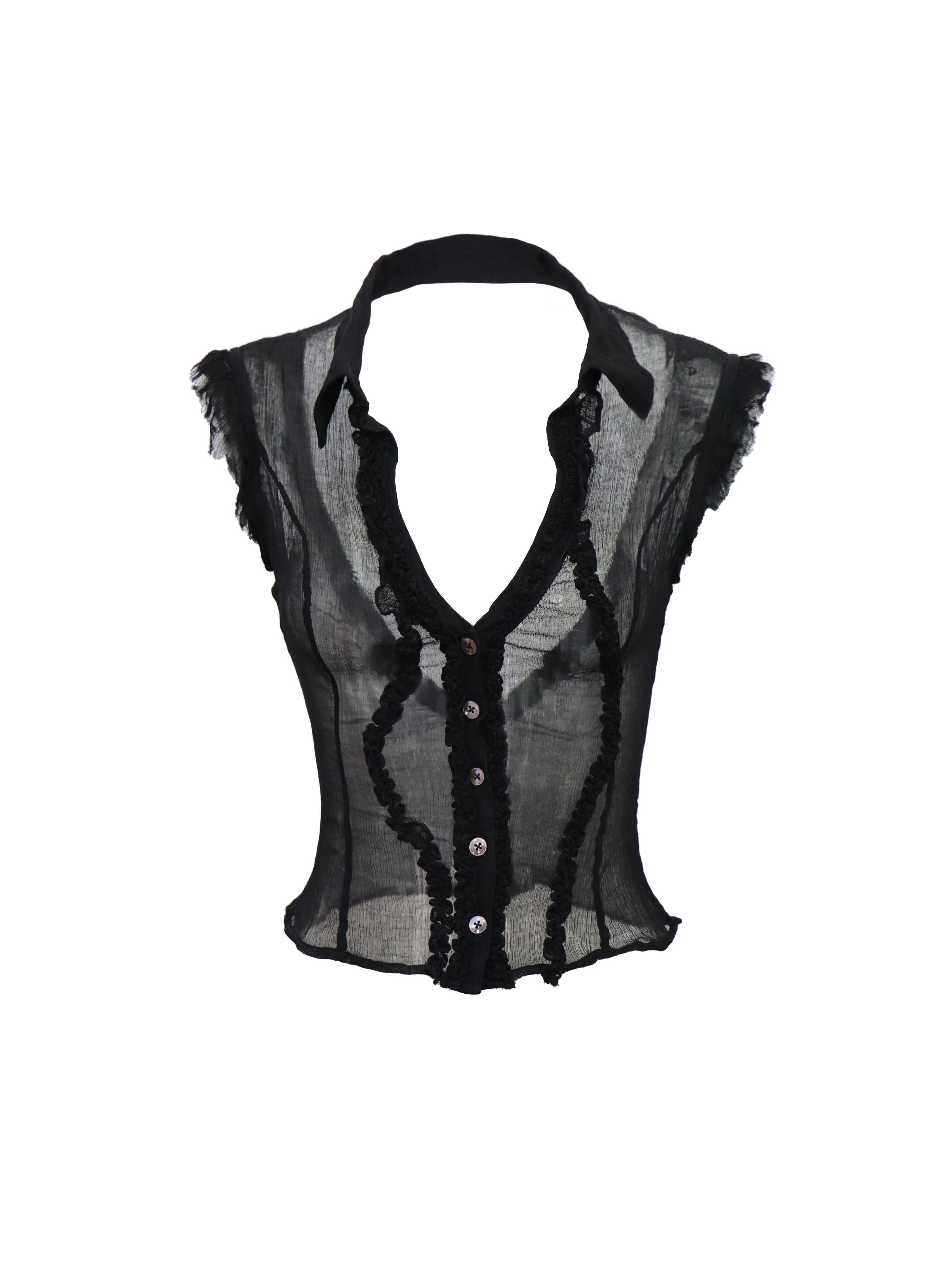 Flowers_birds_Market_Cooling_Original_Slim_Ruched_Cutout_Mesh_Sleeveless_Stand_Collar_Cupro_Blouses_MISSTT
