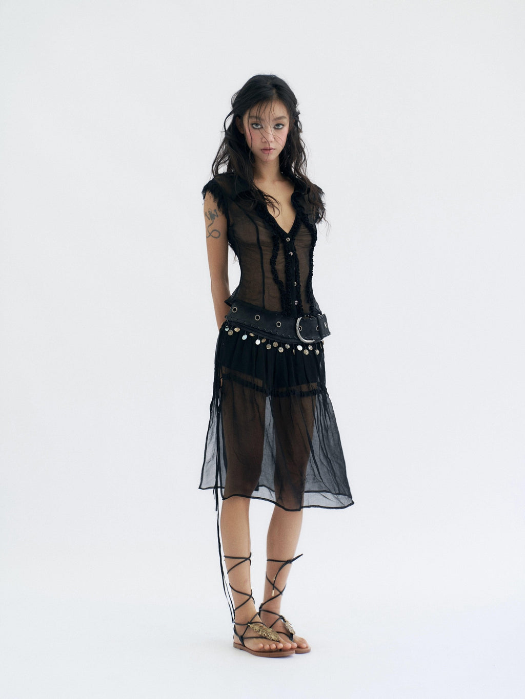 Flowers birds Market Cooling Original Slim Ruched Cutout Mesh Sleeveless Stand Collar Cupro Blouses