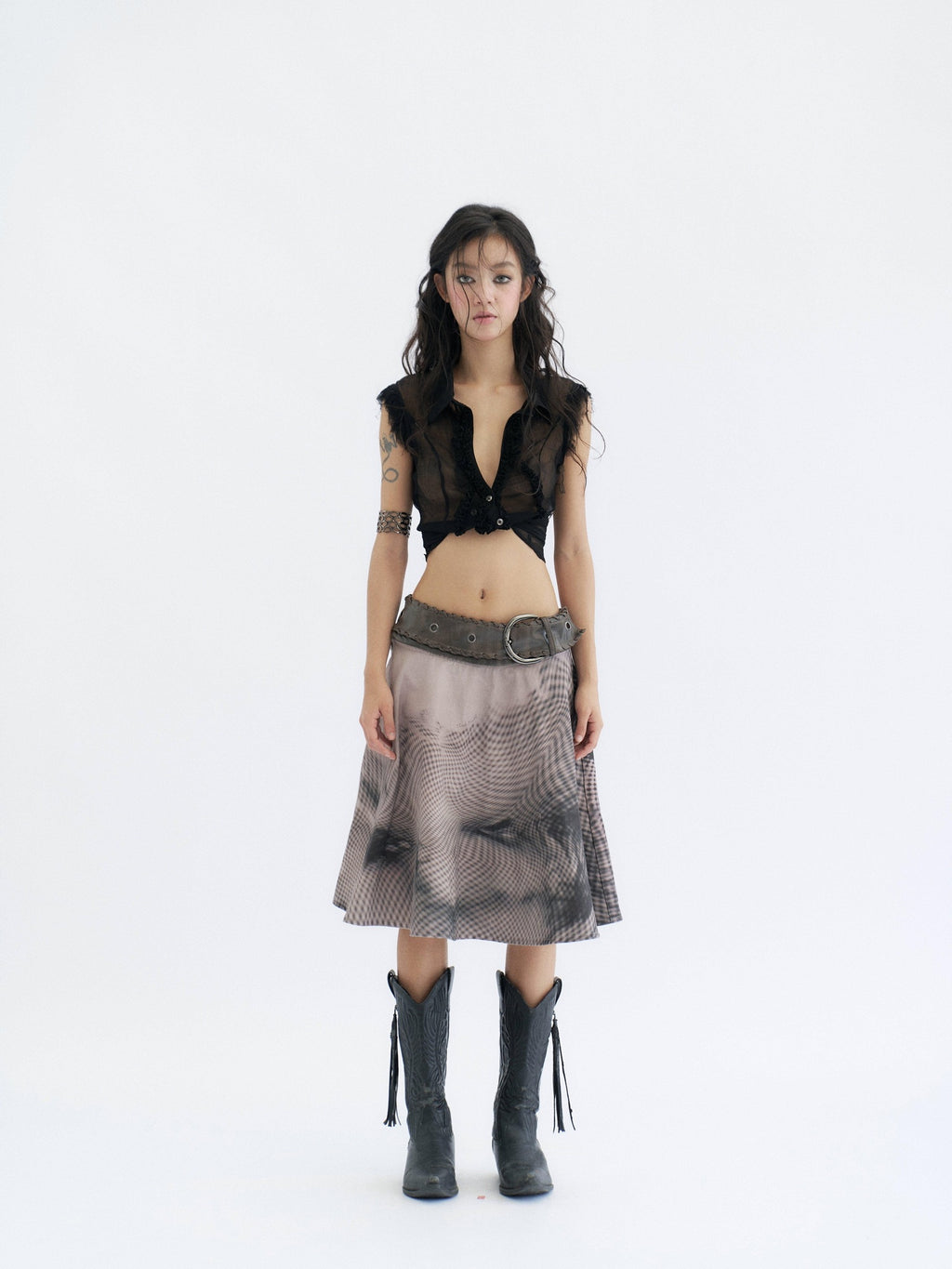 Flowers birds Market Cooling Original Slim Ruched Cutout Mesh Sleeveless Stand Collar Cupro Blouses