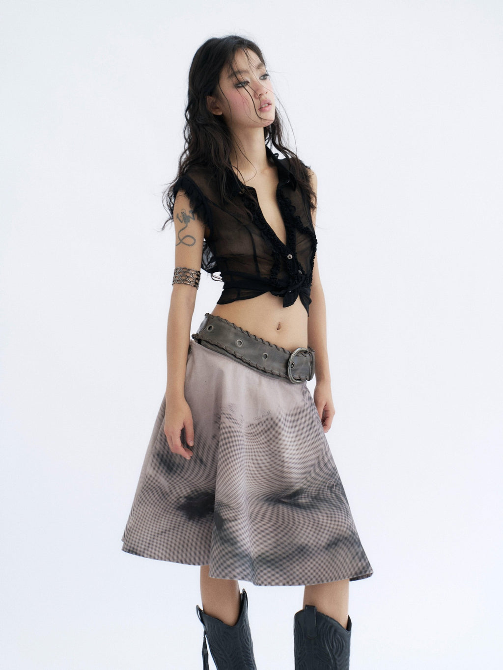 Flowers birds Market Cooling Original Slim Ruched Cutout Mesh Sleeveless Stand Collar Cupro Blouses