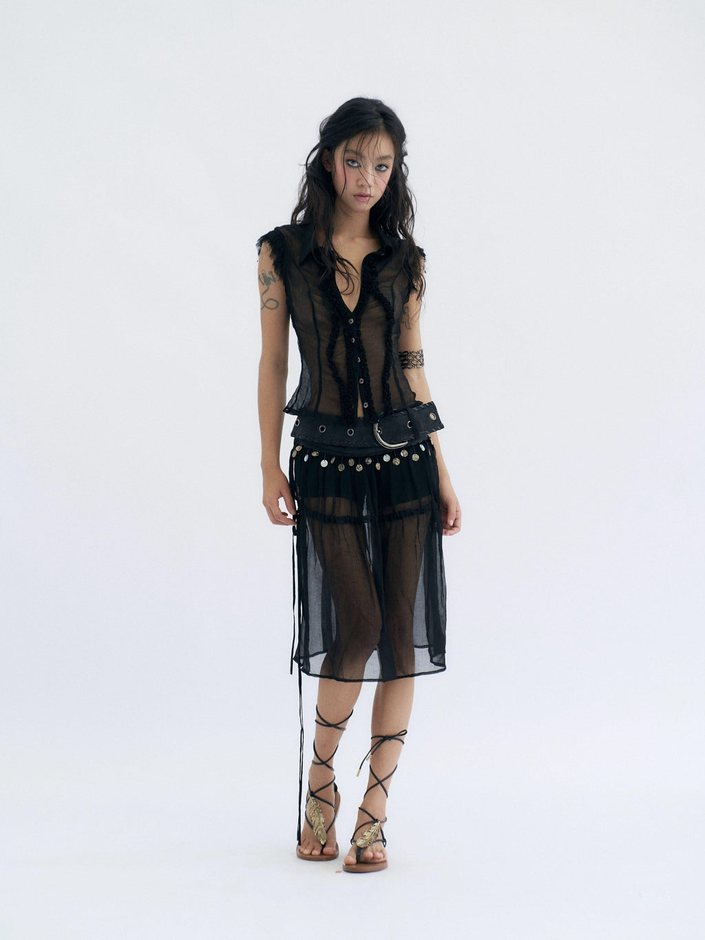 Flowers birds Market Cooling Original Slim Ruched Cutout Mesh Sleeveless Stand Collar Cupro Blouses